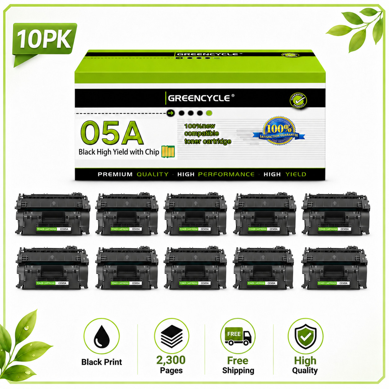 10PK High Yield CE505A Toner Compatible for HP 05A LaserJet P2035 P2035n P2055dn