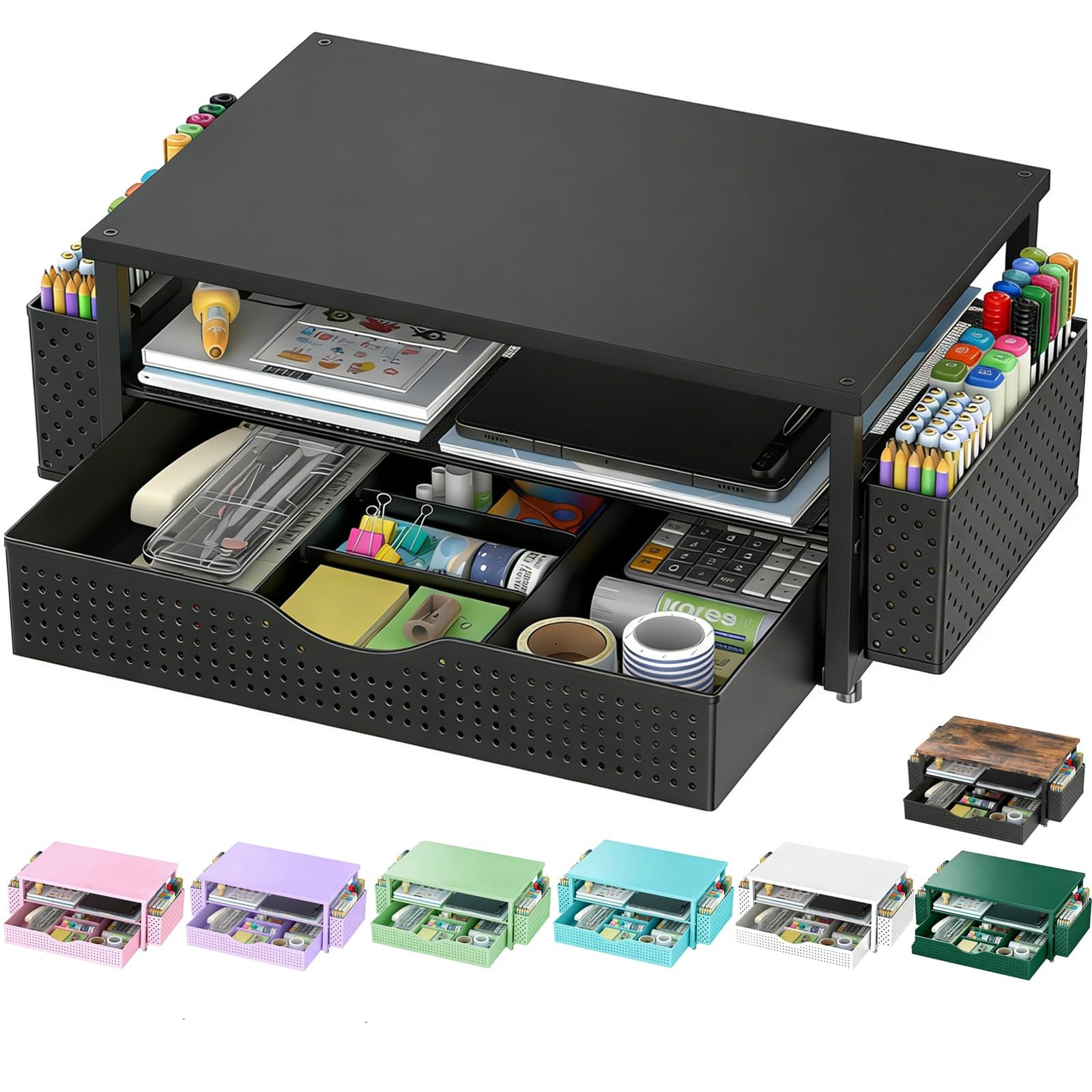 Spacrea Computer Monitor Stand with Drawer and 2 Pen Holders Black