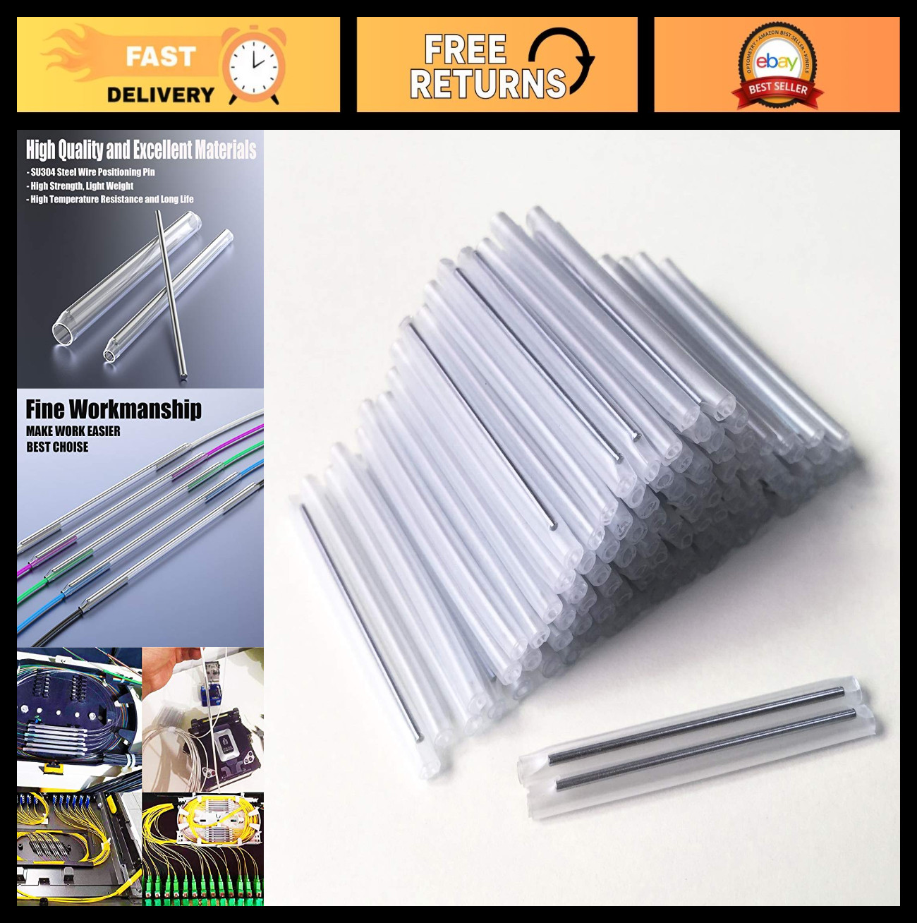 100pcs Clear Fiber Fusion Splice Sleeve Kit, 2.6mm x 40mm, High-Quality Fiber Op