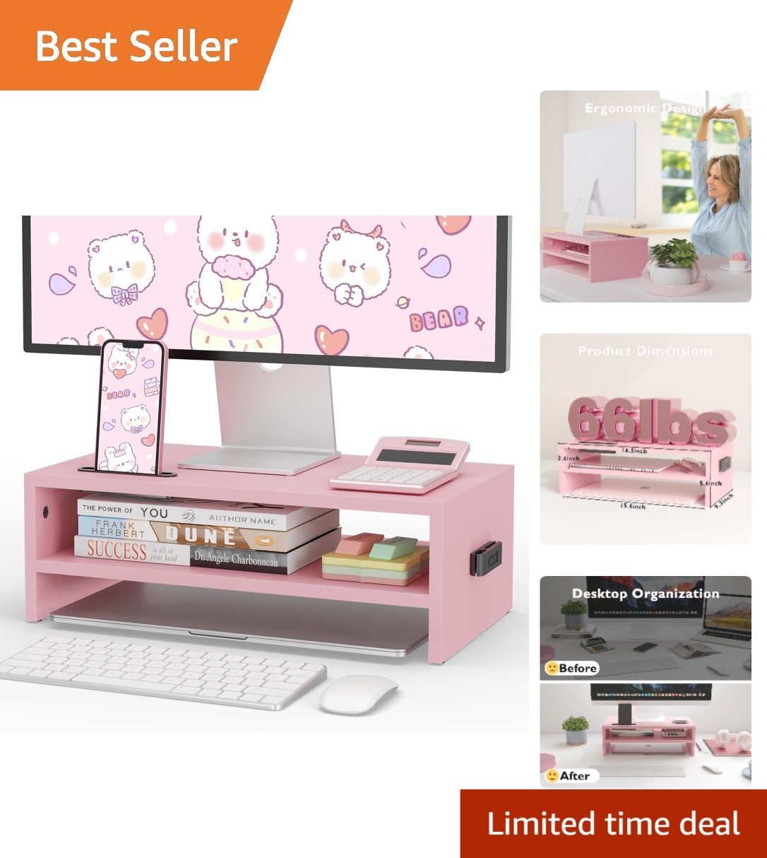 Stylish Pink Desk Organizer - 16.5 Inch 66 lbs Wooden Monitor Stand with Storage