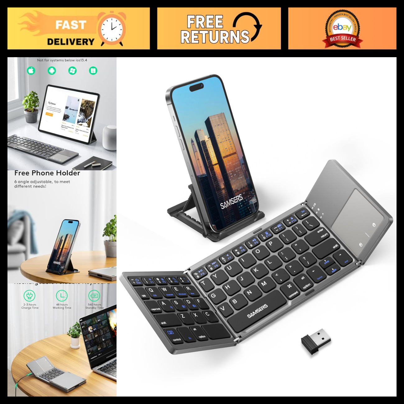Foldable Bluetooth Keyboard with Touchpad, Ultra Slim Compact Design - Grey