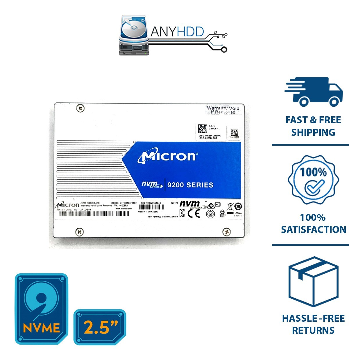 Micron 3.84TB NVMe U.2 SSD – MTFDHAL3T8TCT-1AR1ZABYY - PCIe Gen3 x4 2.5 9200 PRO