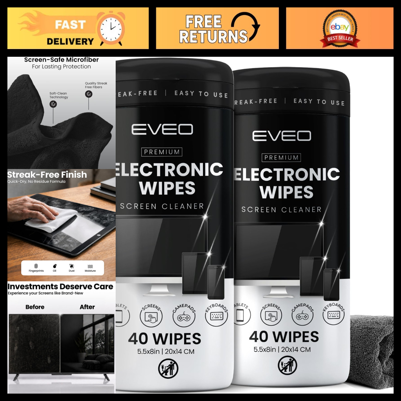 Streak-Free Electronic Screen Cleaner Wipes [2 Pack x40] for TV, Laptop, iPhone,