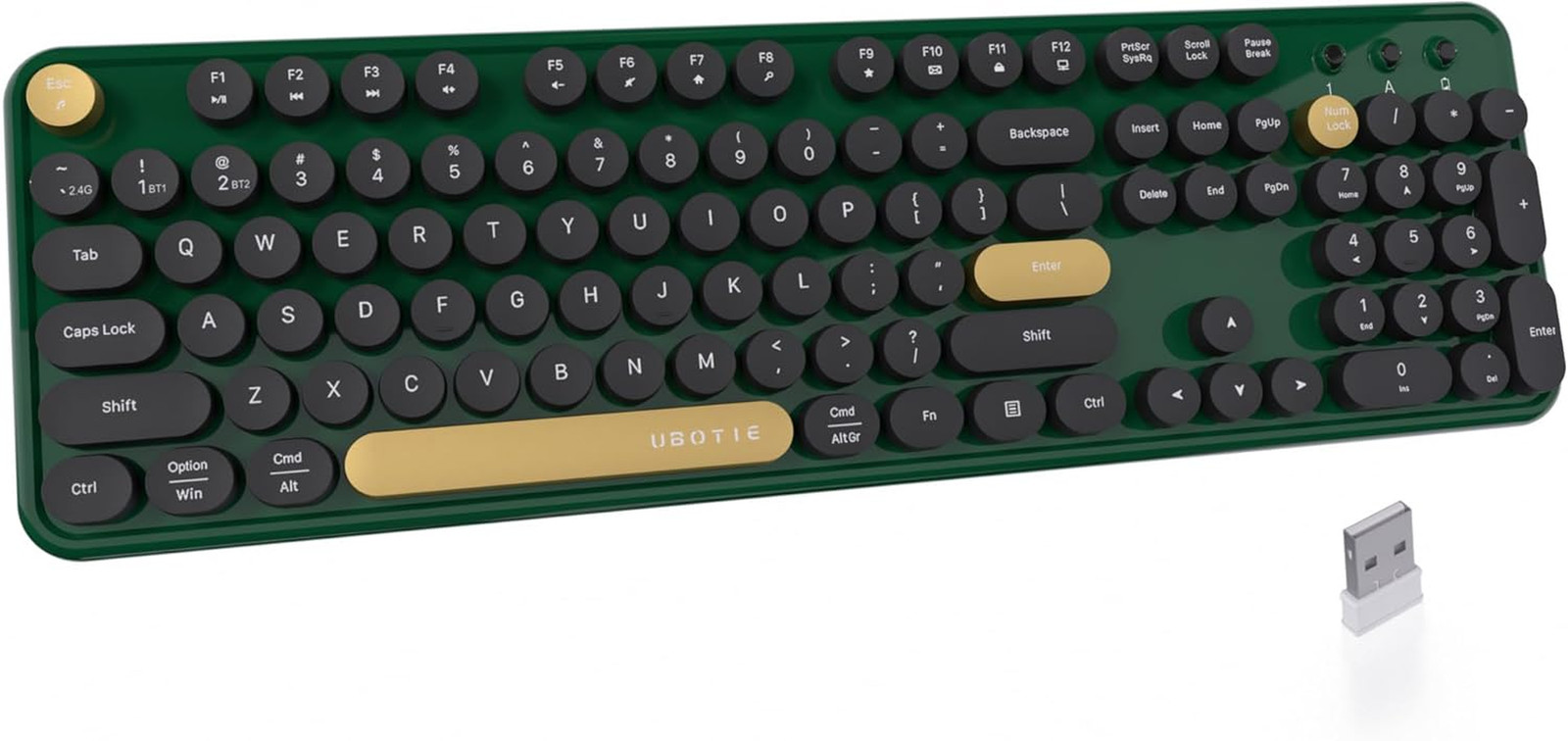 UBOTIE Dual Mode Colorful Wireless Keyboard, Bluetooth and USB Receiver Retro Ty