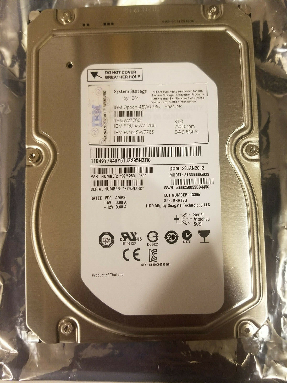 IBM ST33000650SS PN 9SM260-039 KRATSG 3TB SAS 6g 3.5" HD 45W7765 45W7766  