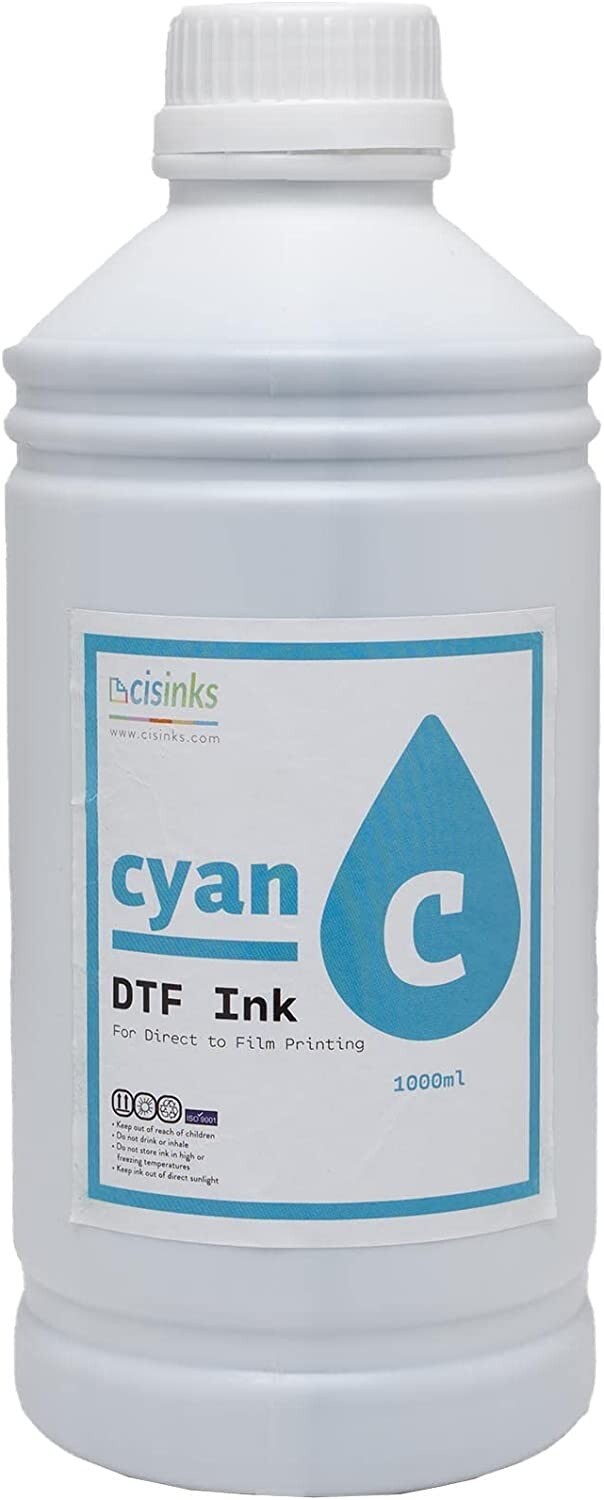 CISinks Premium DTF Ink Bottle Refill Set 1000ML, Compatible w/ DTF Film-Cyan