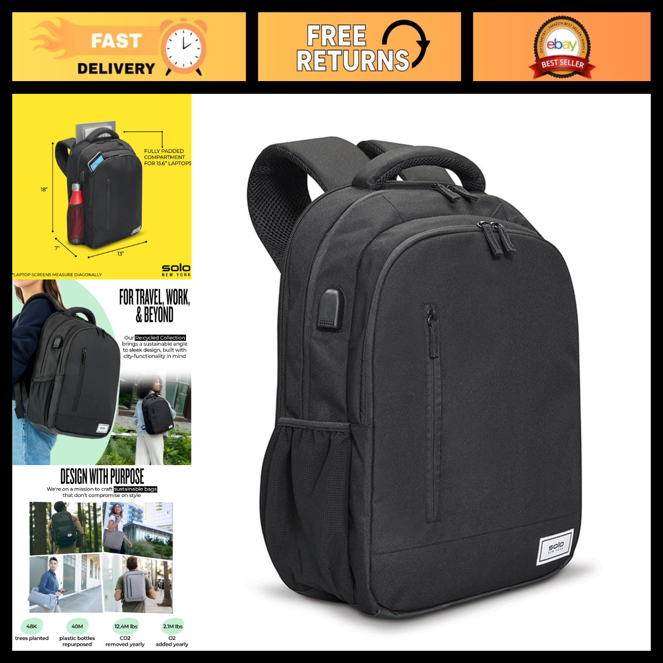 Lightweight Laptop Backpack for Travel & Work, Fits 15.6" Computer, Side Mesh Po
