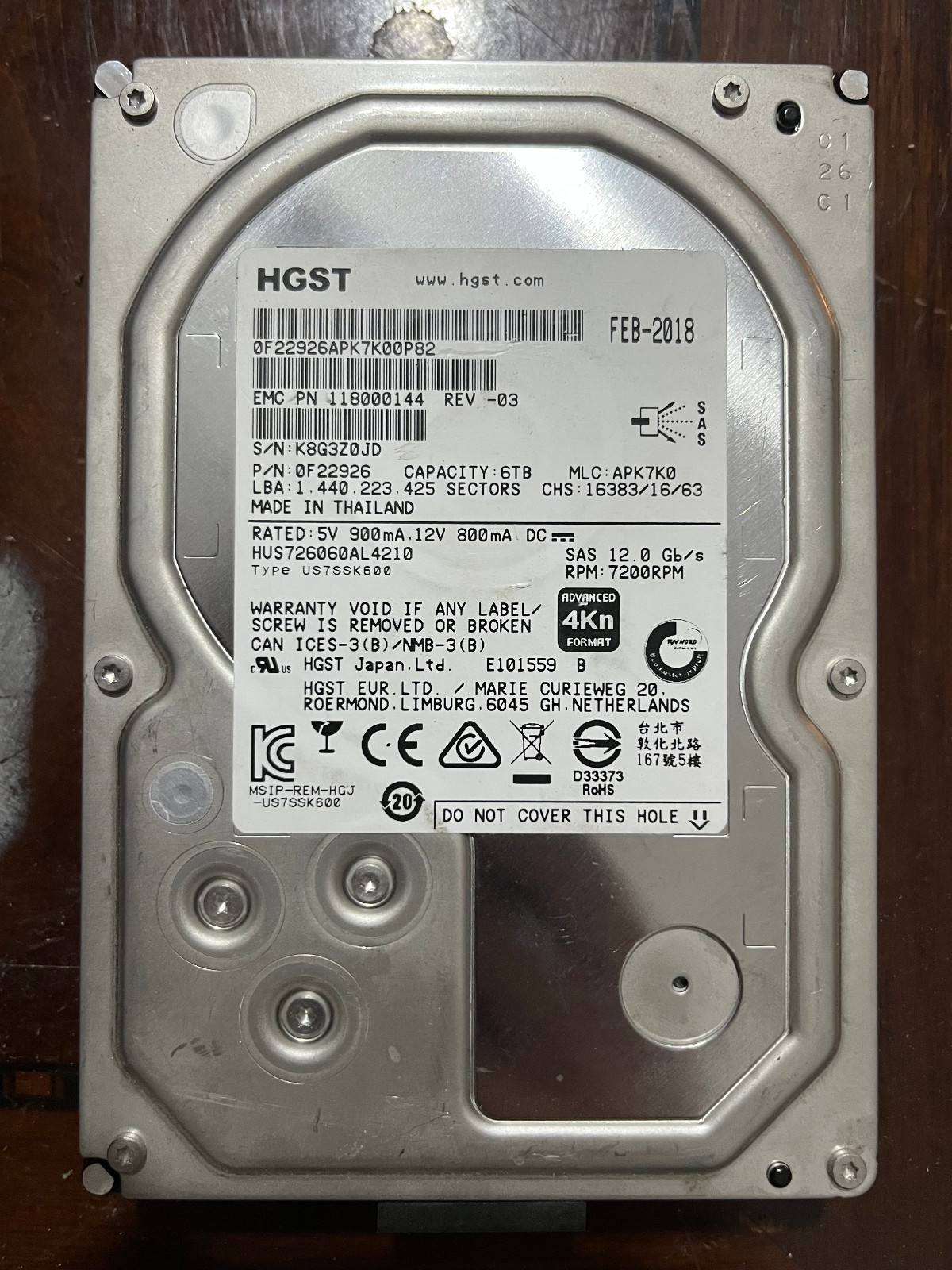 HGST HUS726060AL4210 6TB 3.5” SAS HDD 7.2K RPM 12Gbps Enterprise
