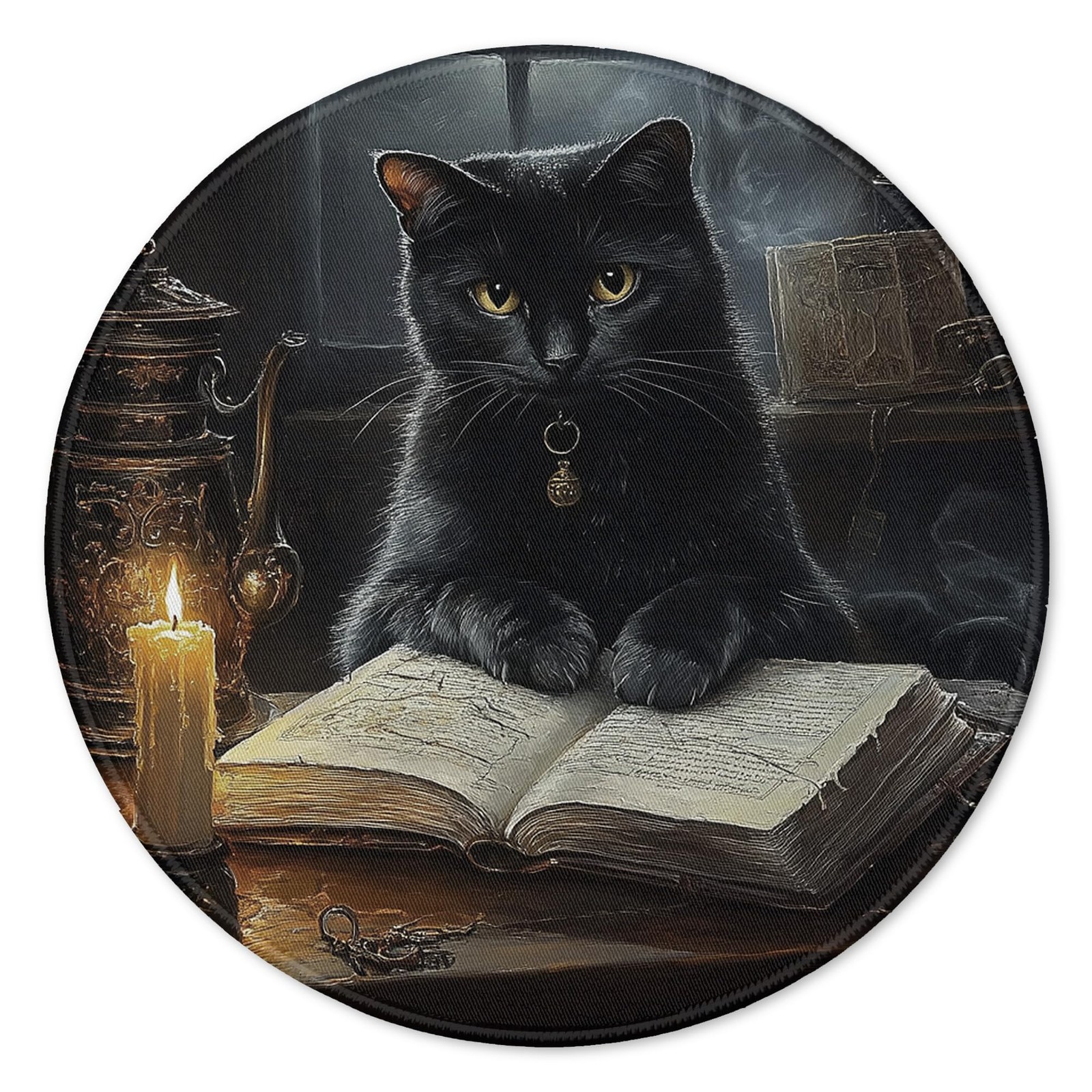 Witchy Black Cat Reading Book Round Mouse Pad for Desk 7.9x7.9, Dark Academia Go