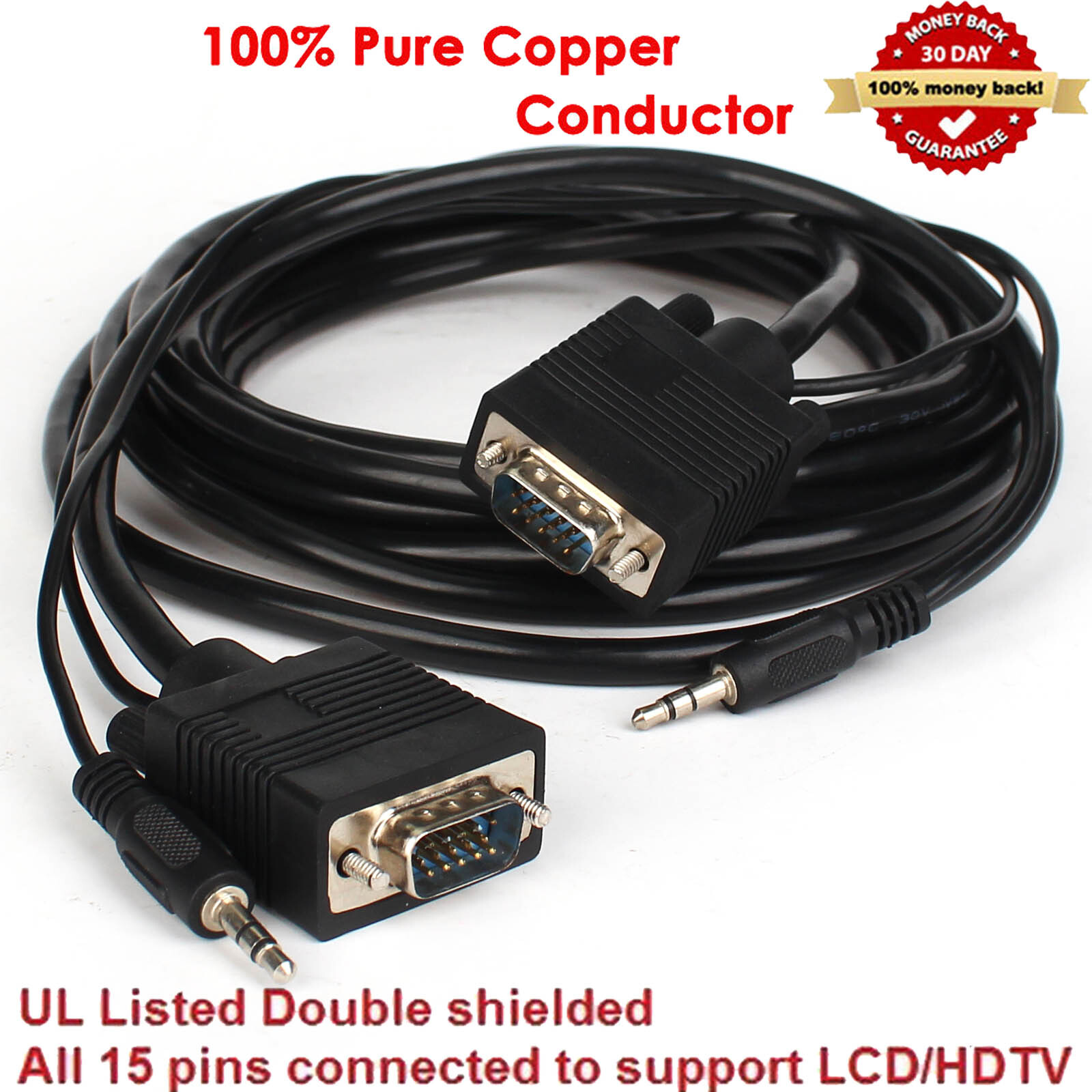 15 Feet VGA Cable with AUX SVGA + 3.5mm Monitor Cord Super VGA Audio Video Cable