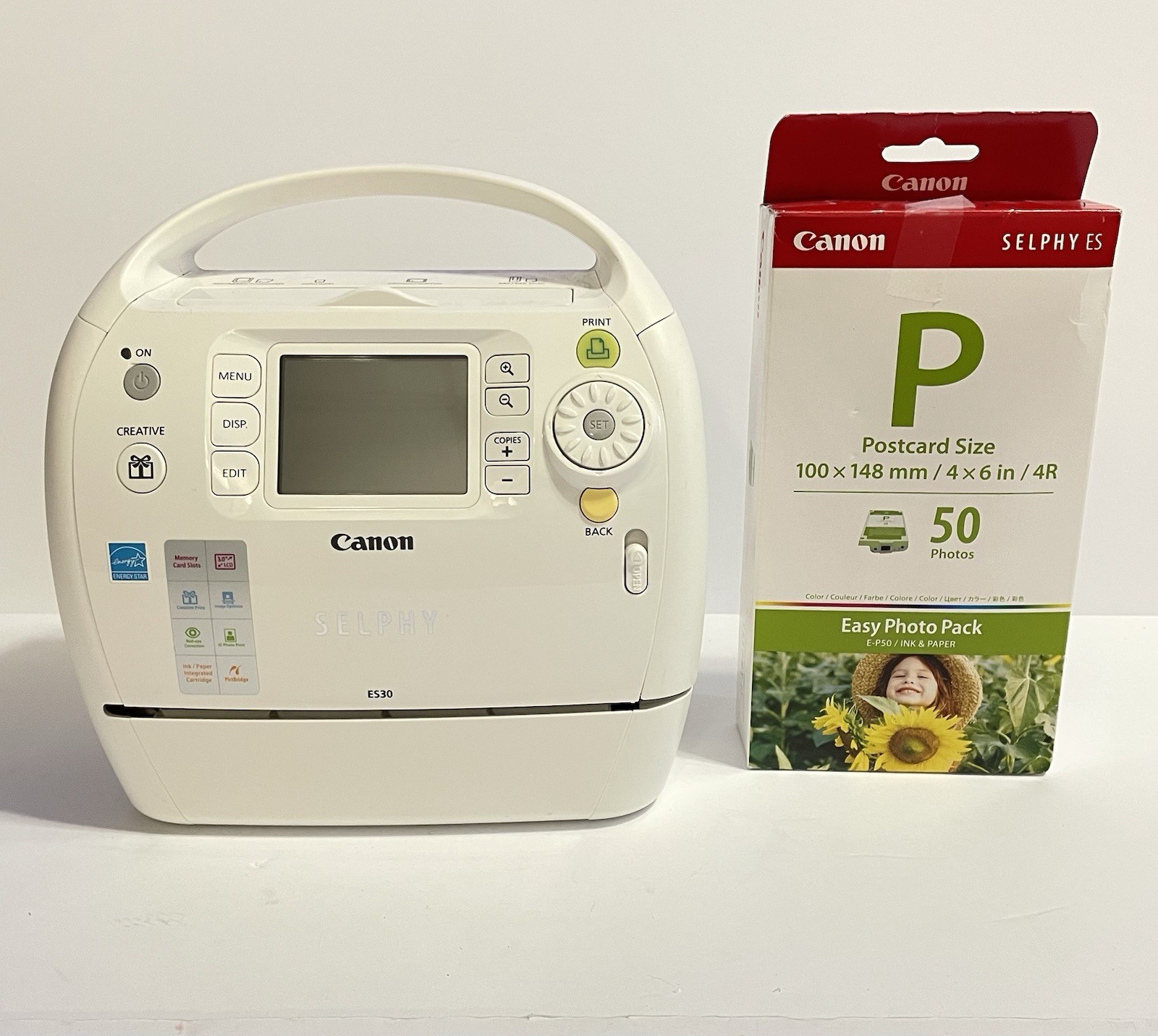 Canon Selphy ES30 Compact Photo Printer & Easy Photo Pack E-P50 Bundle