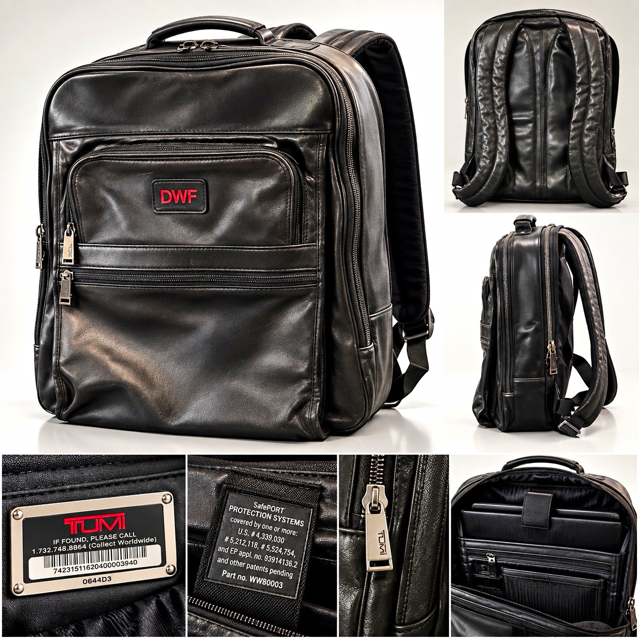 Tumi DWF Black Leather Padded Laptop Backpack Fits 15 in Laptops, Universal