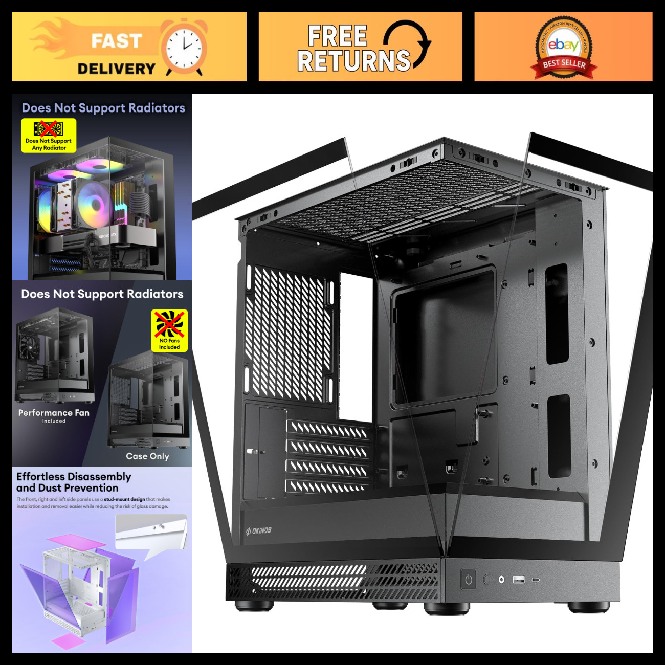 Micro ATX Case with Tempered Glass, Type-C, Max GPU 309mm, No Fans/Radiator