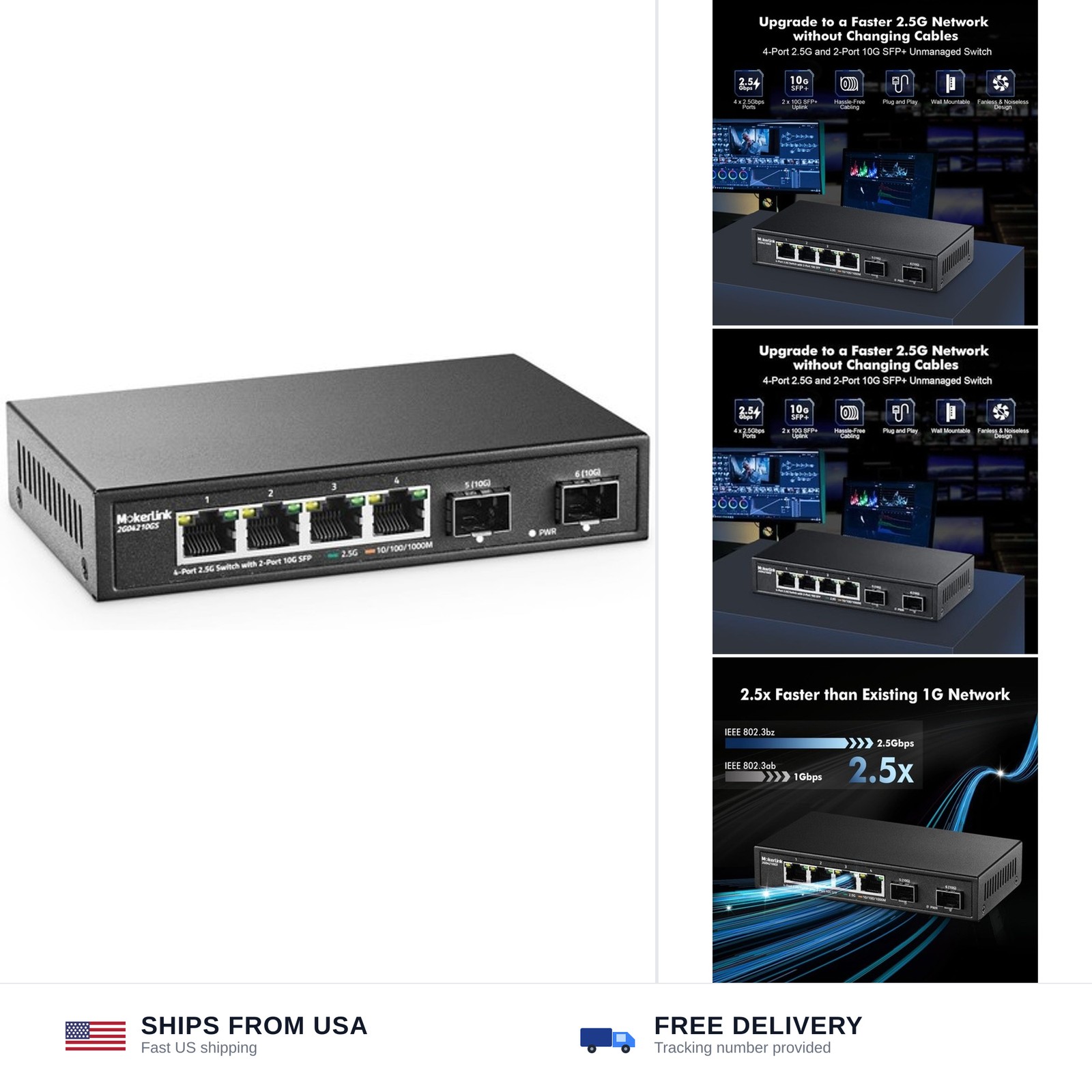 MokerLink 4 Port 2.5G Ethernet Switch with 2x10G SFP, 4 x 2.5G Base-T Ports C...