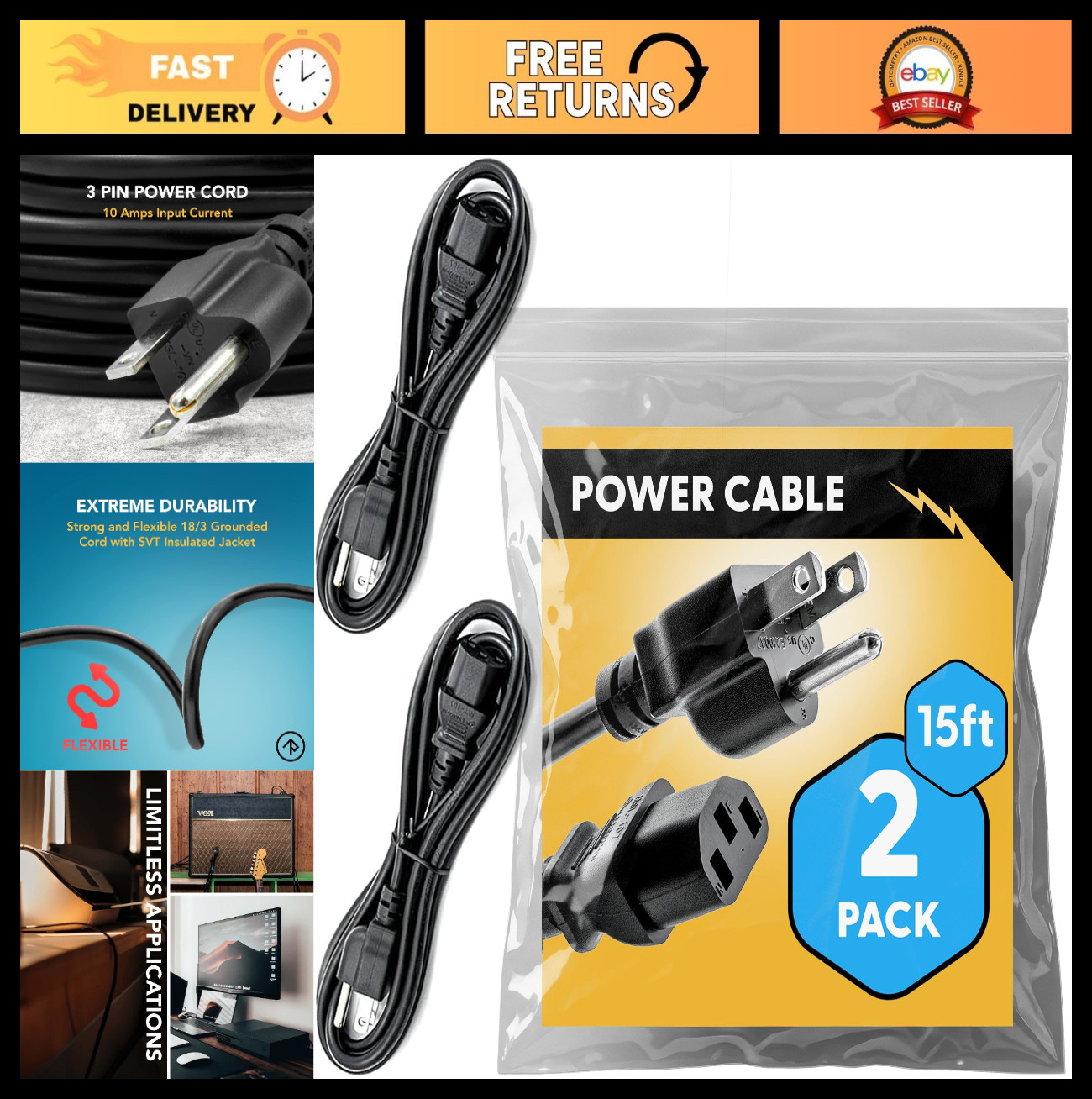 15ft Universal Power Cord (2 Pack) - IEC C13 to NEMA 5-15P, 18AWG, 10A, 125V - I