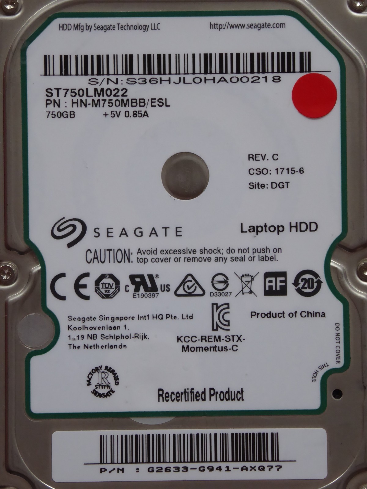 Seagate ST750LM022 HN-M750MBB /ESL | P/N: G2633-G941-AXQ77 | REV.C | 750GB