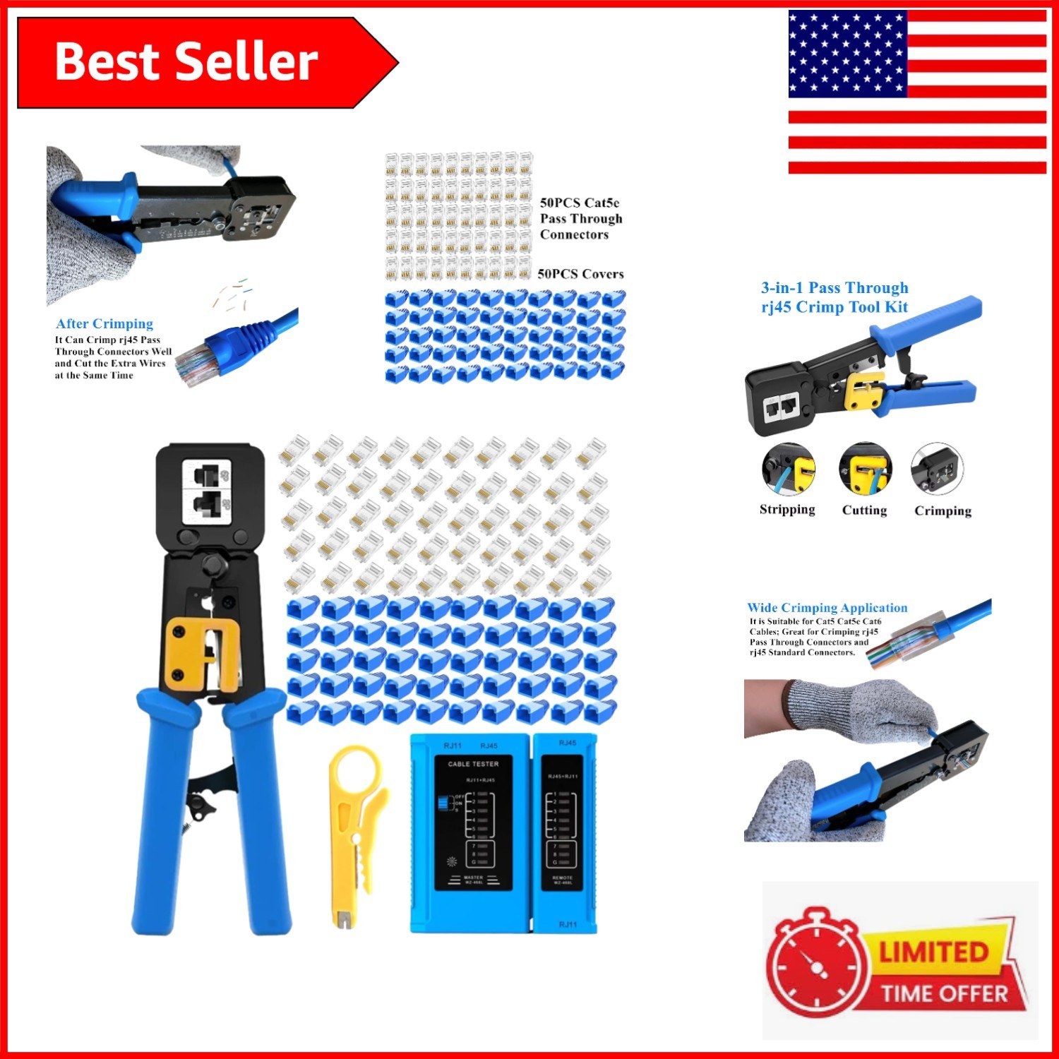 Comprehensive Crimping Tool Kit for Cat6/Cat5e with Cable Tester & 50 Connectors