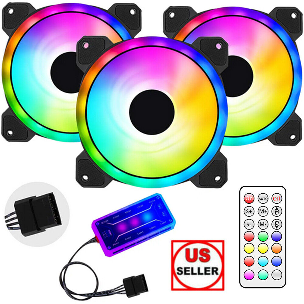 3 Pack RGB LED Computer Case Fan Cooling 120mm Quiet Fans PC With Remote Control