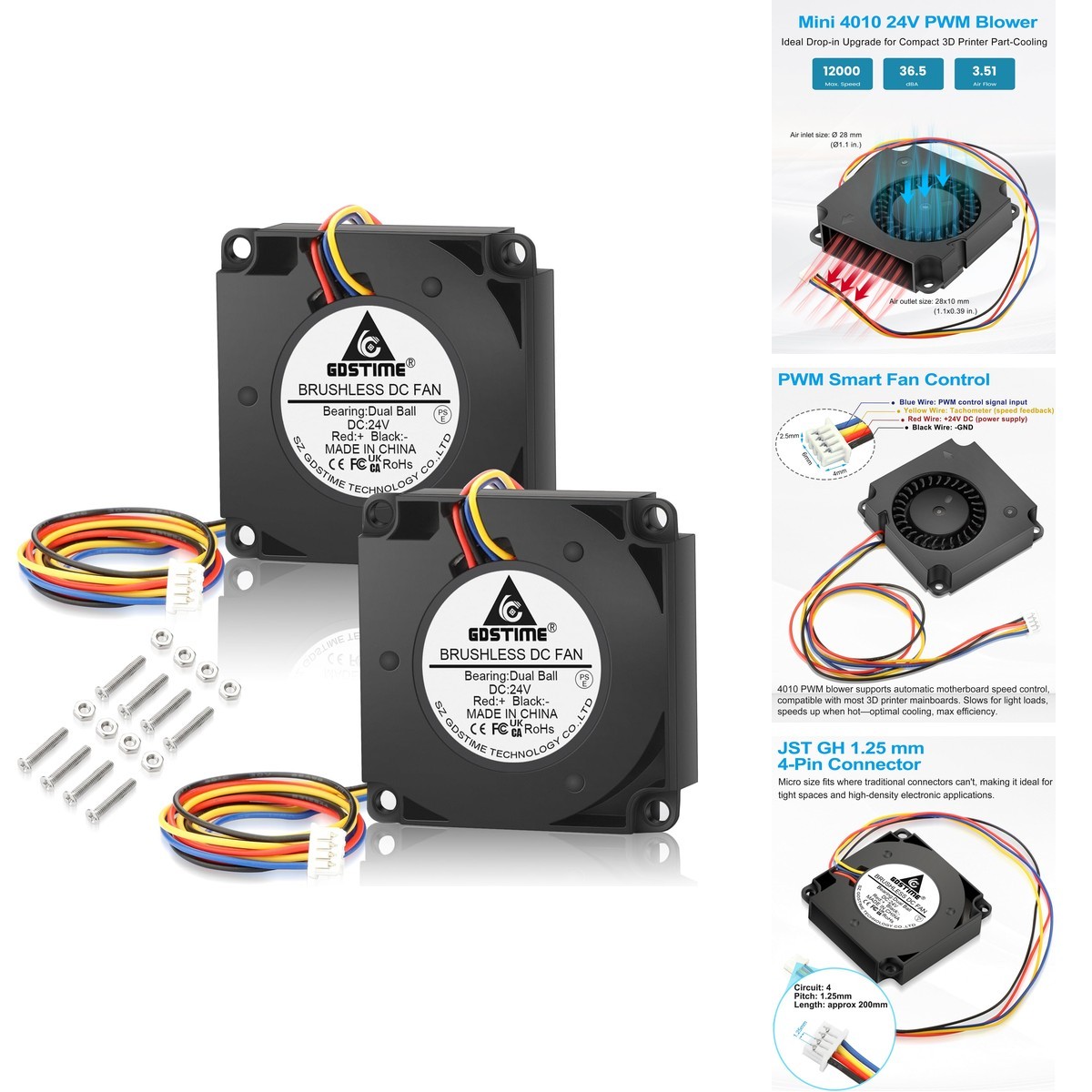 GDSTIME 4010 PWM Blower Fan 24V 12000 RPM 1.25mm 4-Pin Dual Ball 2-Pack