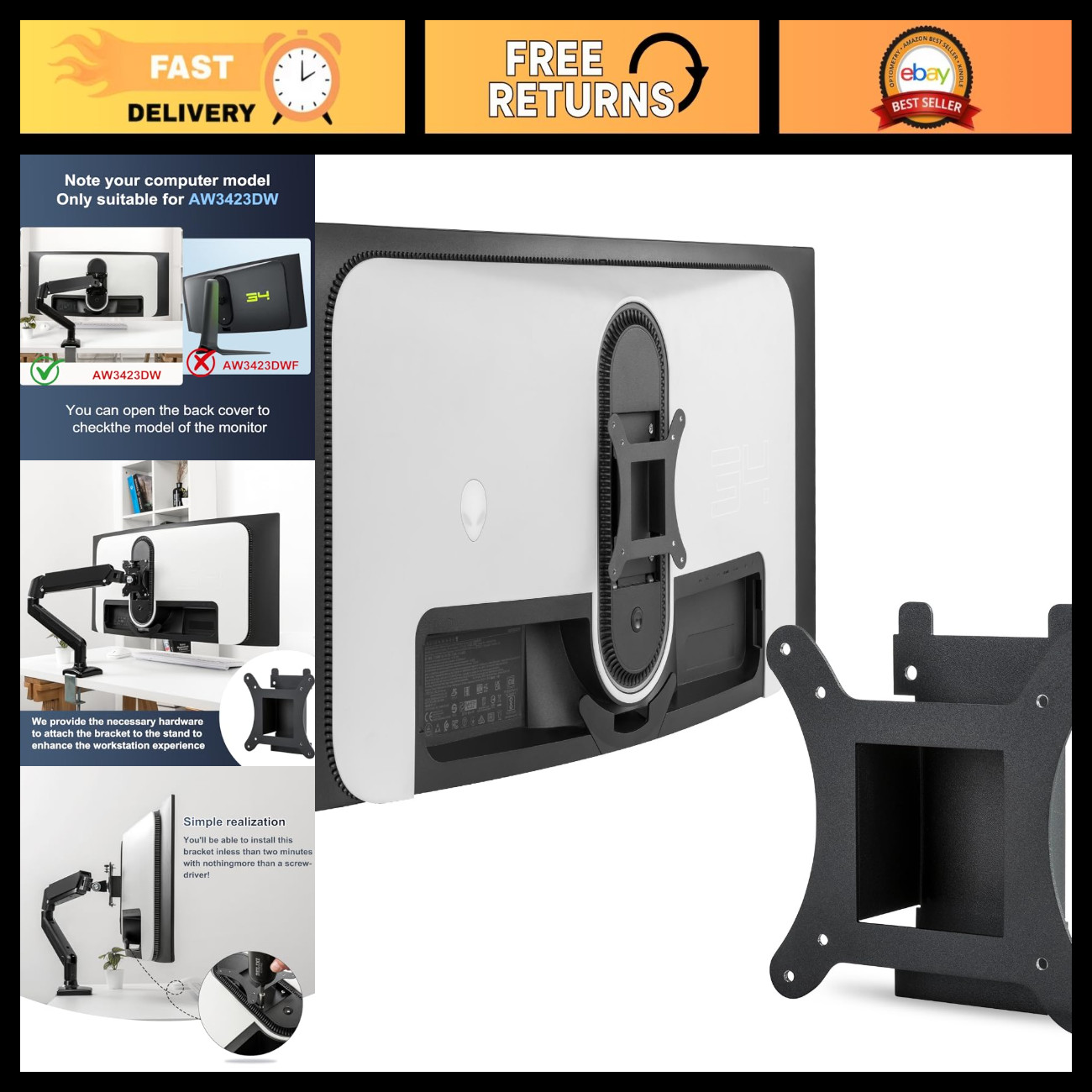 VESA Mount Adapter for 34" Curved QD-OLED Monitor - Fits AW3423DW Model