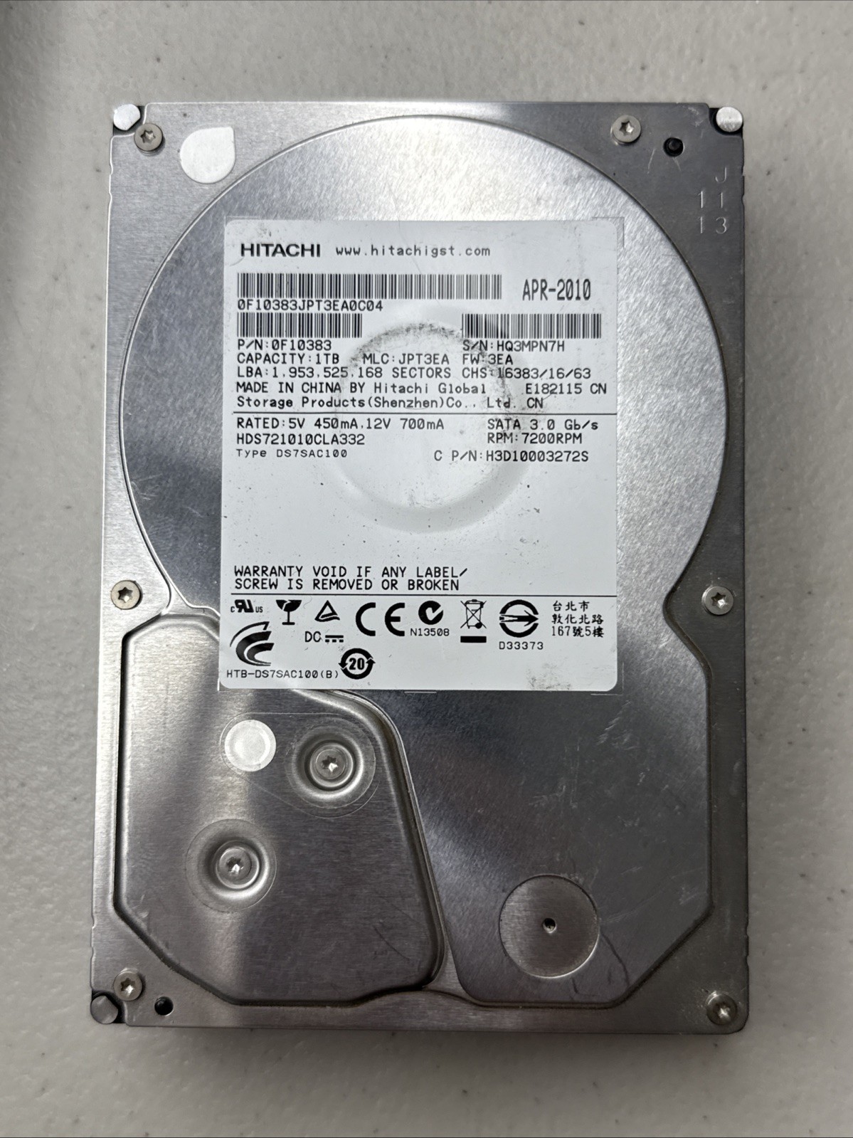 Hitachi Deskstar HDS721010CLA332 1TB 3.5" SATA Desktop Hard Drive 0F10383 TESTED