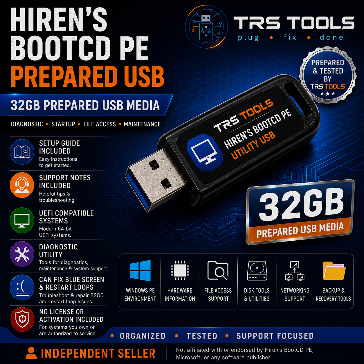 Hiren’s BootCD PE Prepared USB Media 32GB Diagnostic Utility and Guide TRS Tools