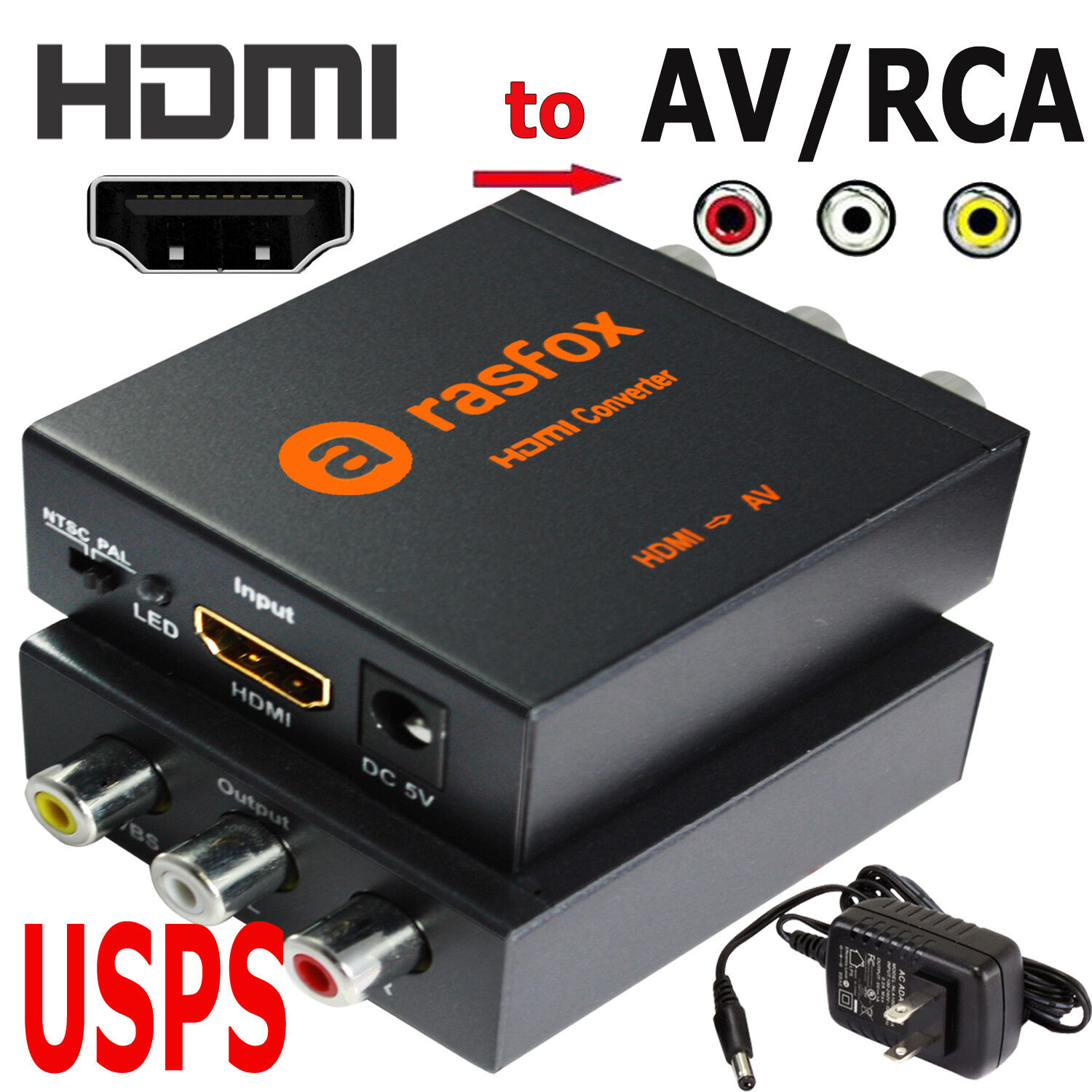 Powered HDMI to AV / RCA Converter Box Composite Audio Video CVBS Adapter 1080P