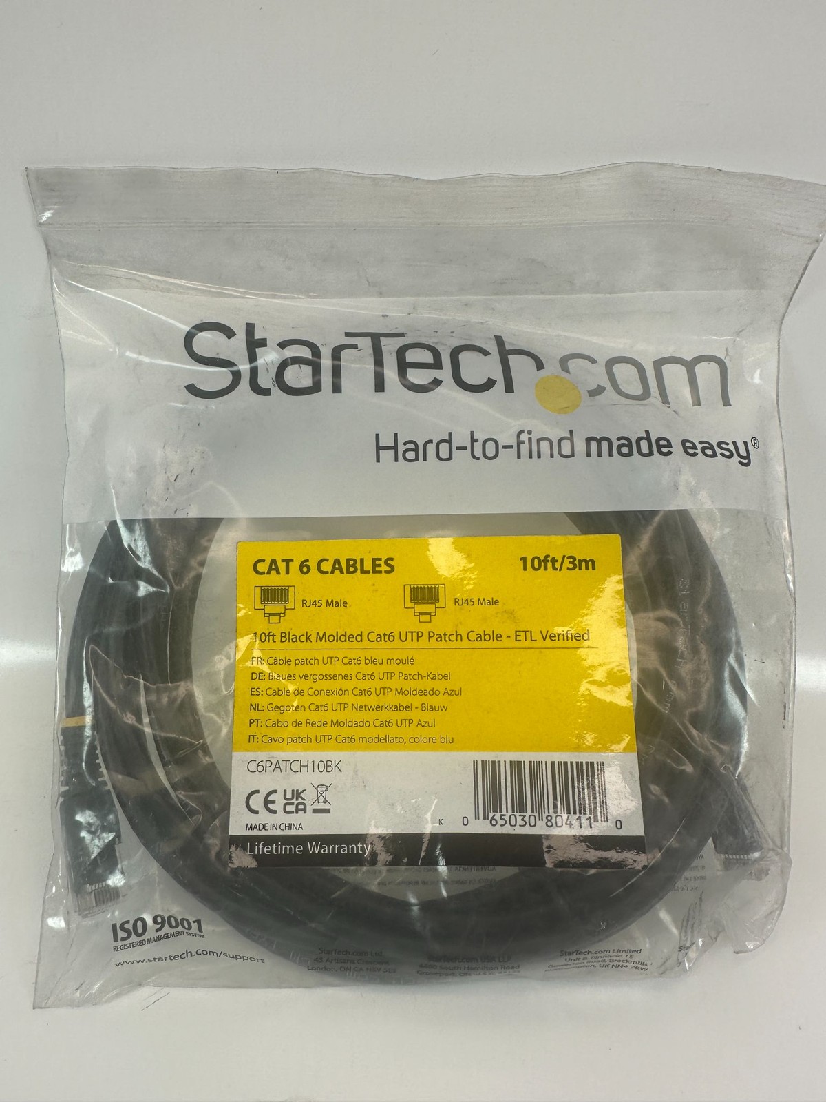 StarTech.com C6PATCH10BK10ft Black Molded Cat6 UTP Patch Cable RJ45 ETL New