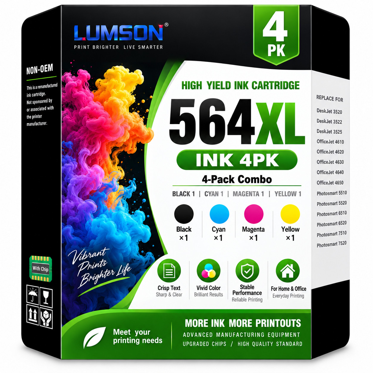 564XL 564 Ink Cartridge 4Pack Compatible For Photosmart 7520 7525 DeskJet3521