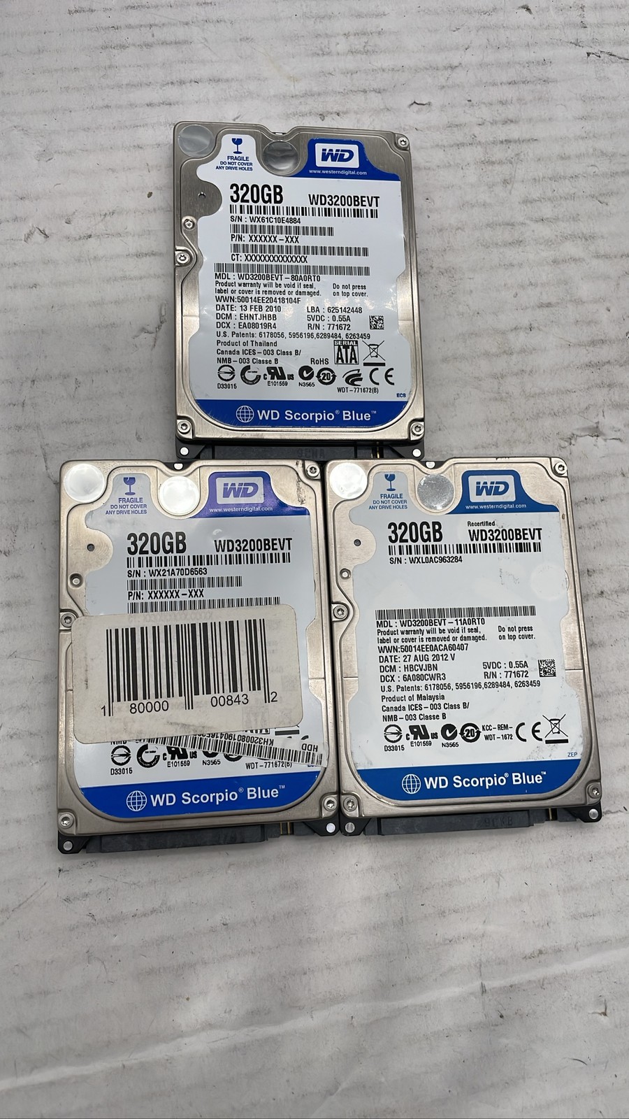 WD Scorpio Blue WD3200BEVT 320GB 2.5" SATA HDD Laptop Hard Drive Lot of 3