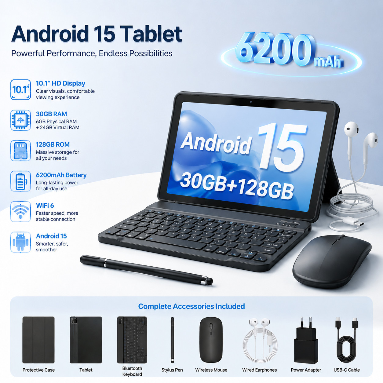 Android 15 Tablet 10.1" HD | 30GB RAM + 128GB ROM | WiFi 6 & PC Mode | 6200mAh