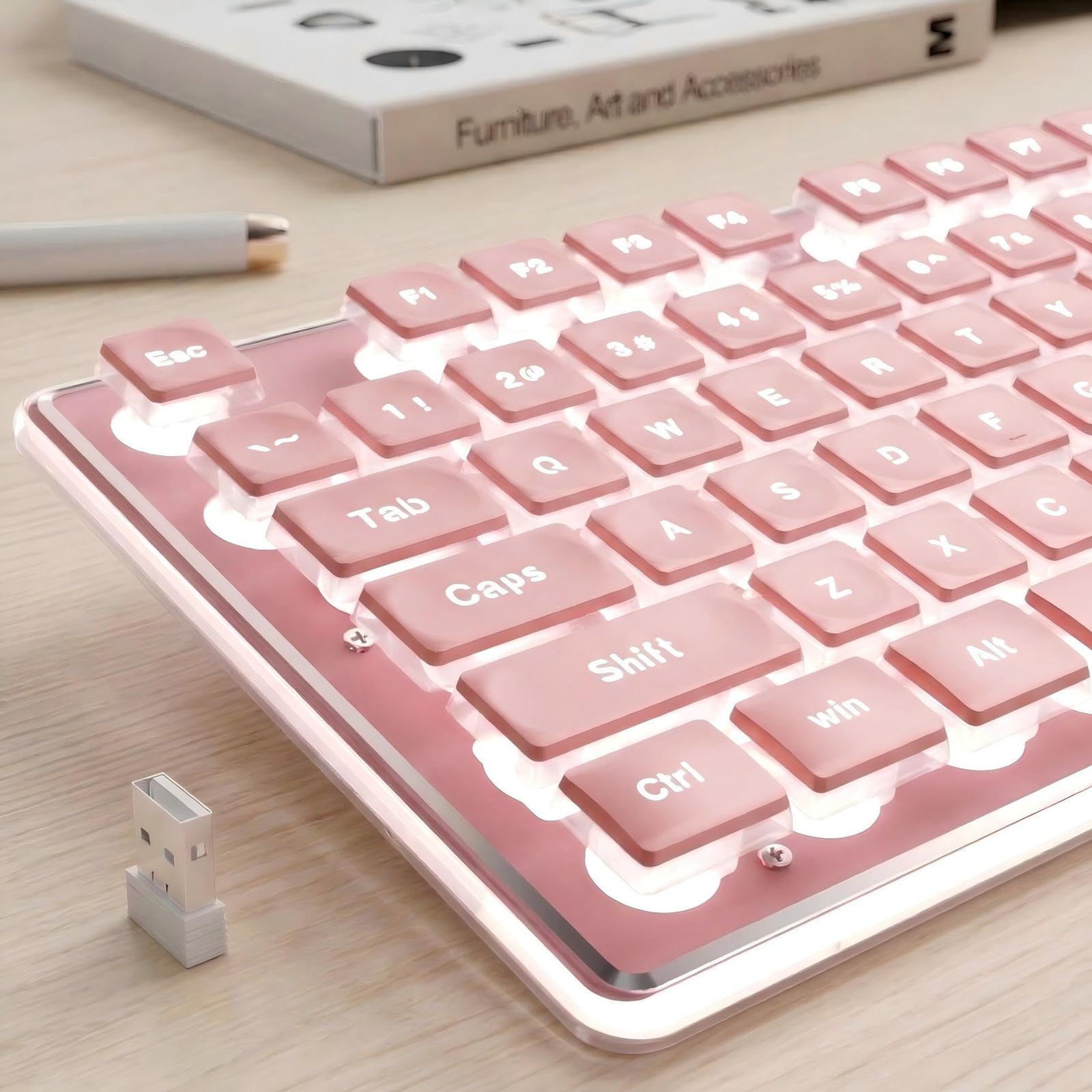 Wireless Keyboard White Backlit Metal Panel 2.4G Rechargeable Win Mac Pink
