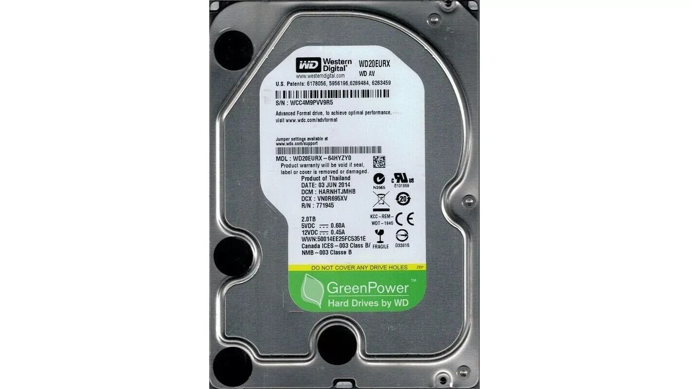 Western Digital 2TB 3.5" SATA HDD 5.4K 6Gb/s WD20EURX-64HYZY0 DVR video