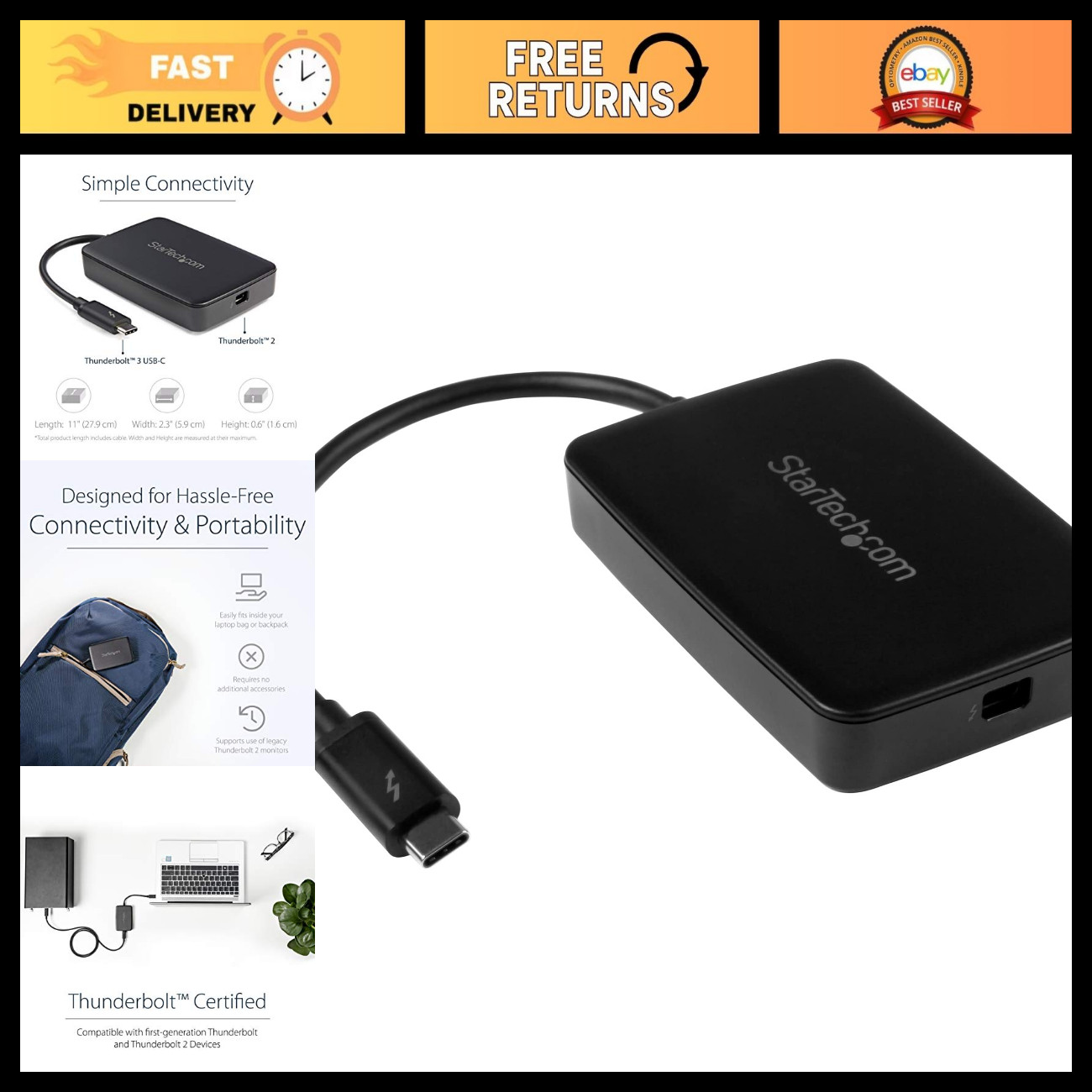 Thunderbolt 3 to Thunderbolt 2 Adapter - 20Gbps/10Gbps for Laptops & Displays