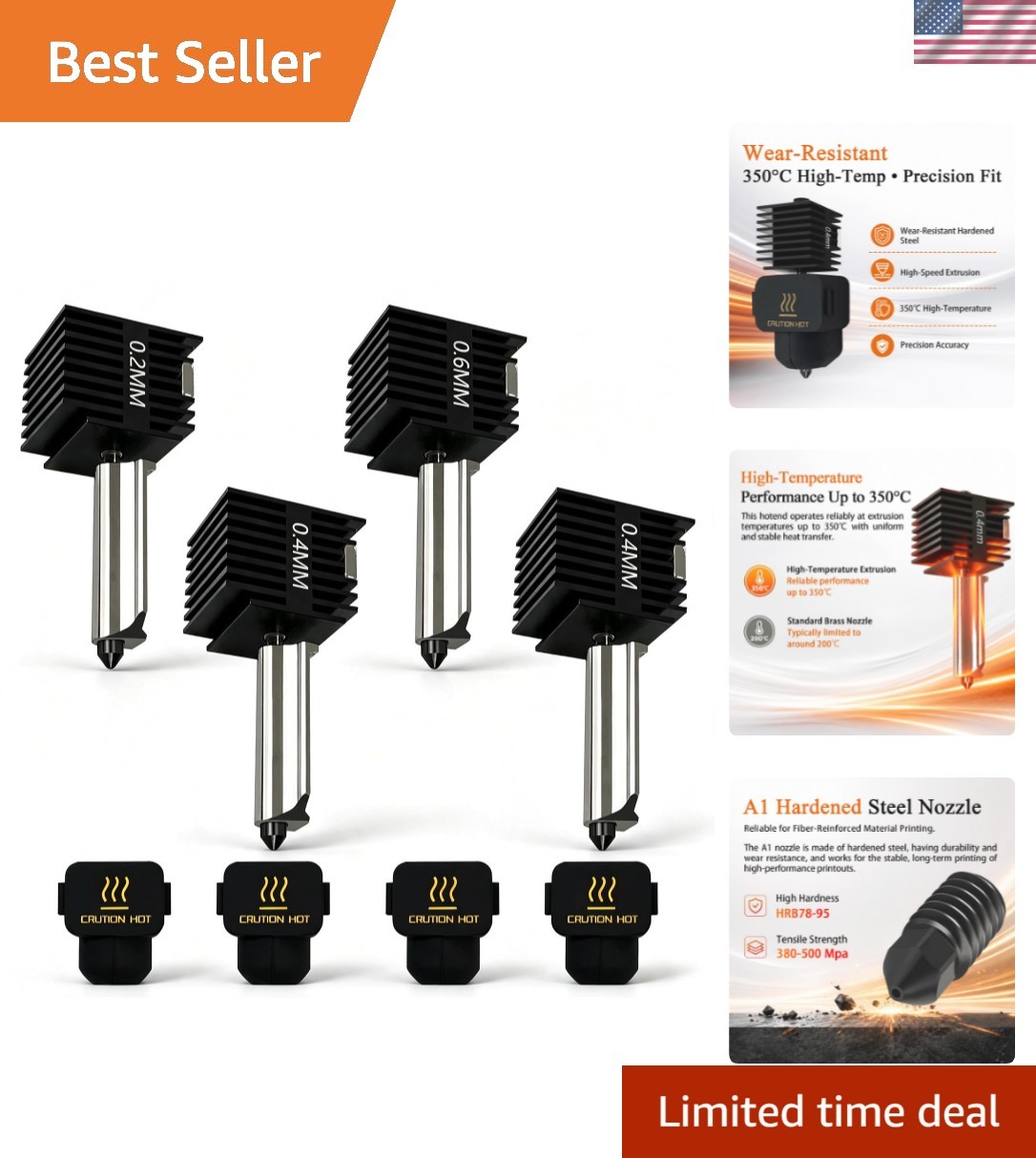 4‑Pack 0.2/0.4/0.6mm Kit for Bambu Lab A1/A2L Nozzle