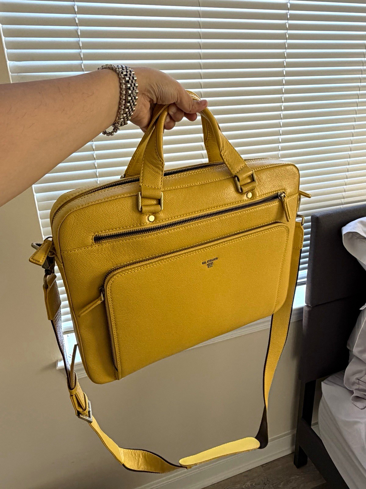 D.A. Milano Yellow Saffiano Leather Briefcase Laptop Bag