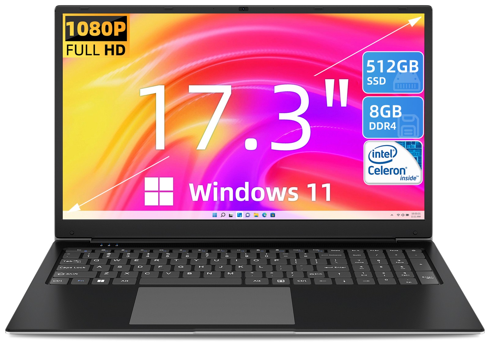 Portable Windows 11 Laptop 17.3" Intel Celeron 8GB RAM 512GB SSD Notebook HDMI