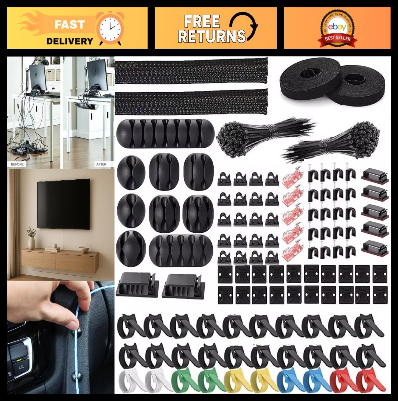 315-Piece Cable Organizer Set with Clips, Sleeves, Zip Ties & Adhesive Holders f