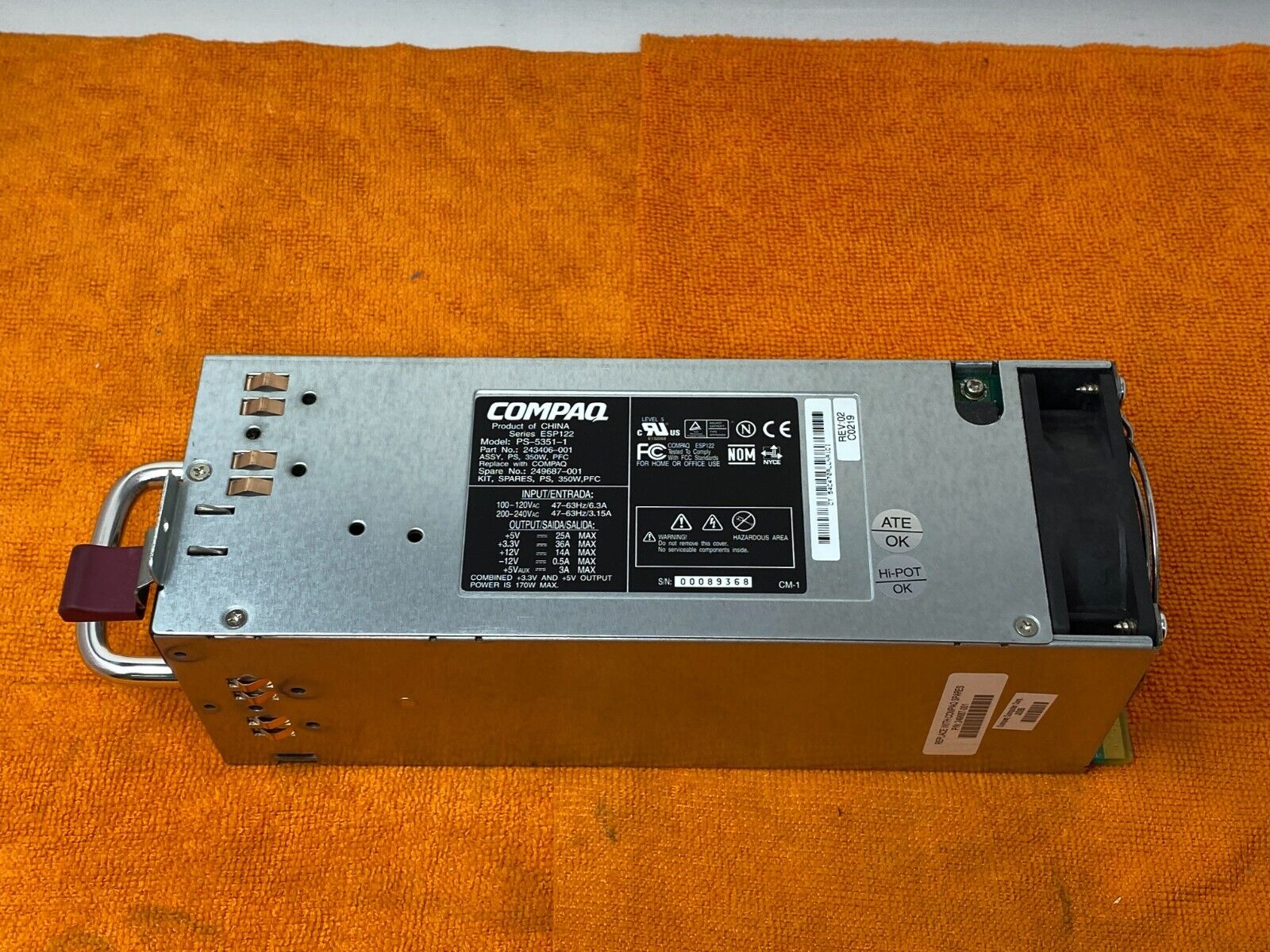 HP COMPAQ PS-5351-1 350 WATT PROLIANT ML350 G2 POWER SUPPLY 243406-001