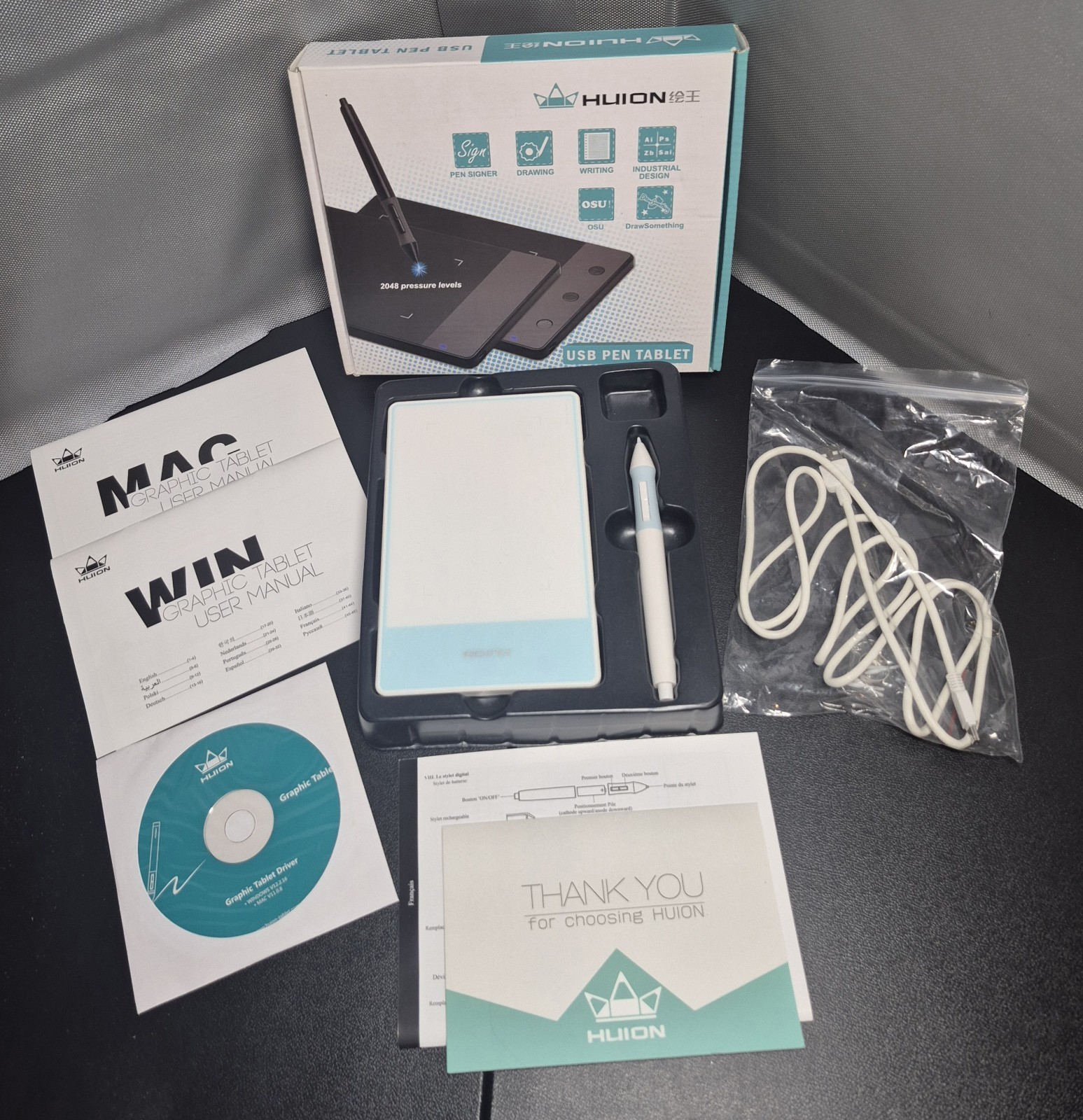 Drawing USB Pen Signature Capture Tablet Huion 420 Blue and White Open Box 