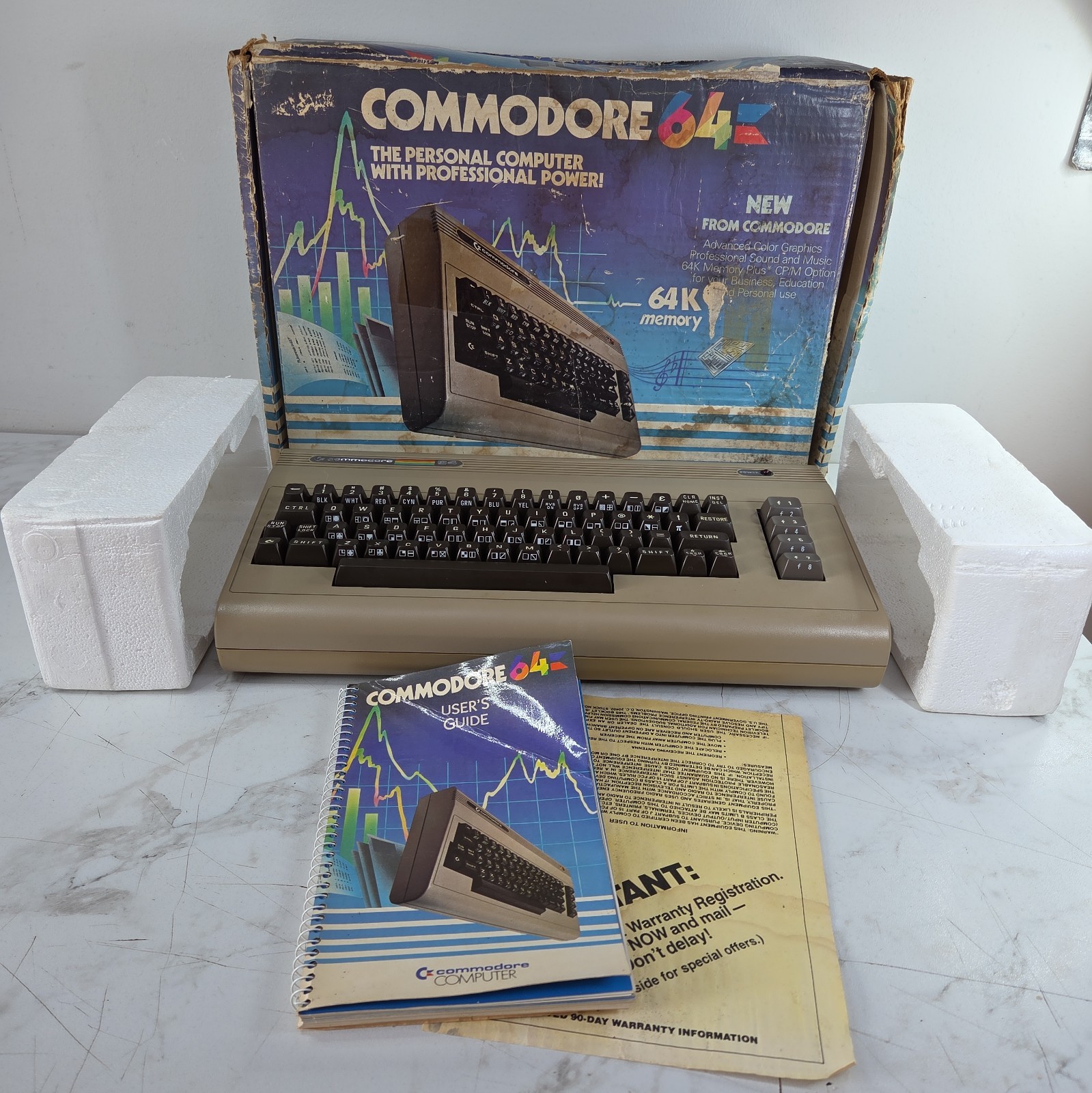 Commodore 64 Computer In Original Box w Cord and User's Guides Damaged Box 