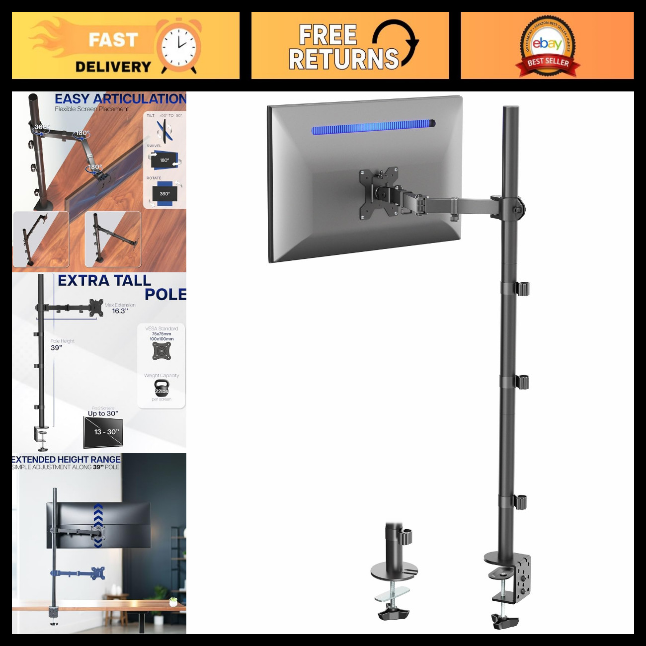 Extra Tall Single Monitor Desk Mount, 39" VESA Stand for 13-32" Screens, Holds 2