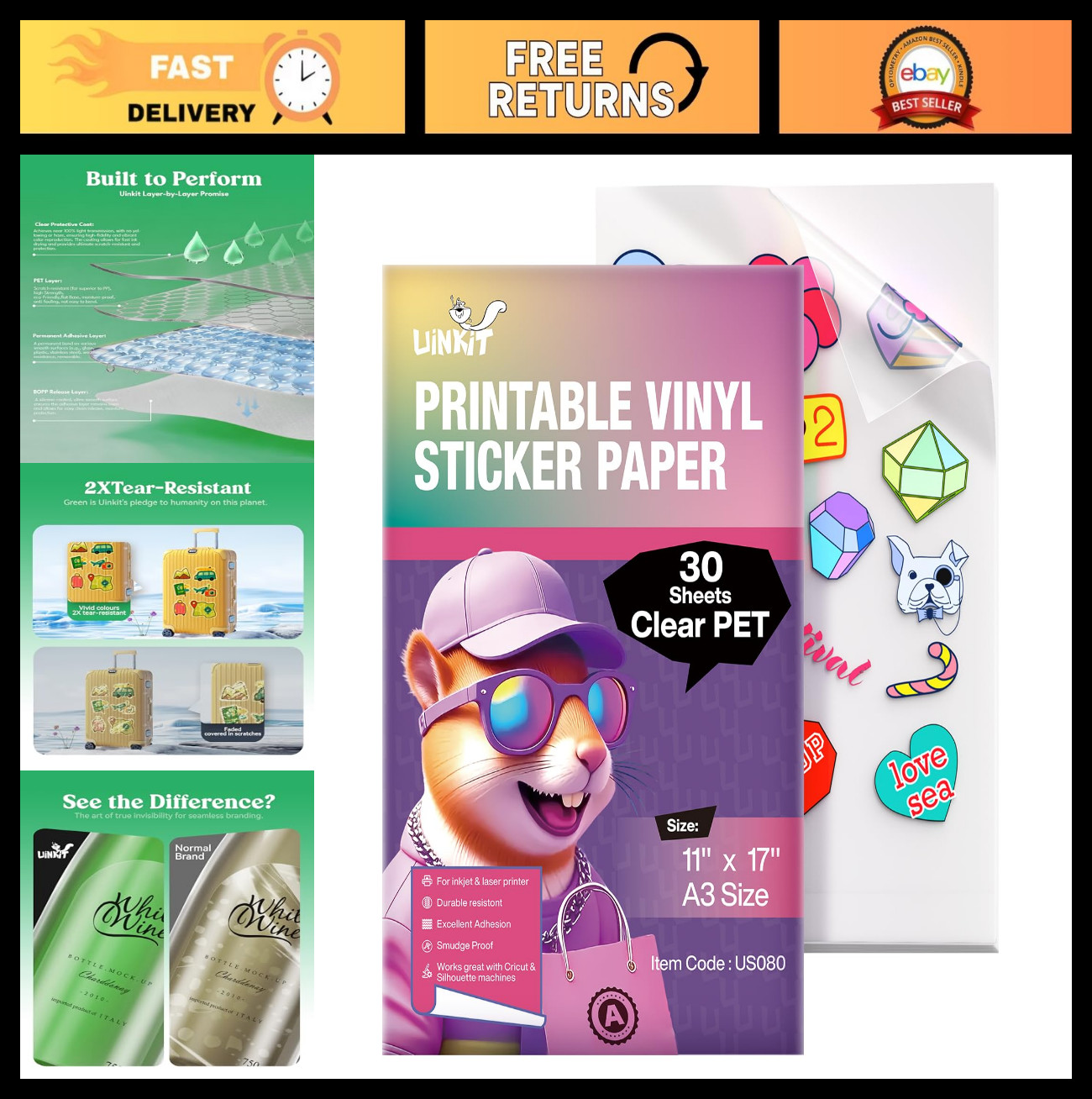 Clear Printable Vinyl Sticker Paper - 30 Sheets, 11"x17", Waterproof & Durable