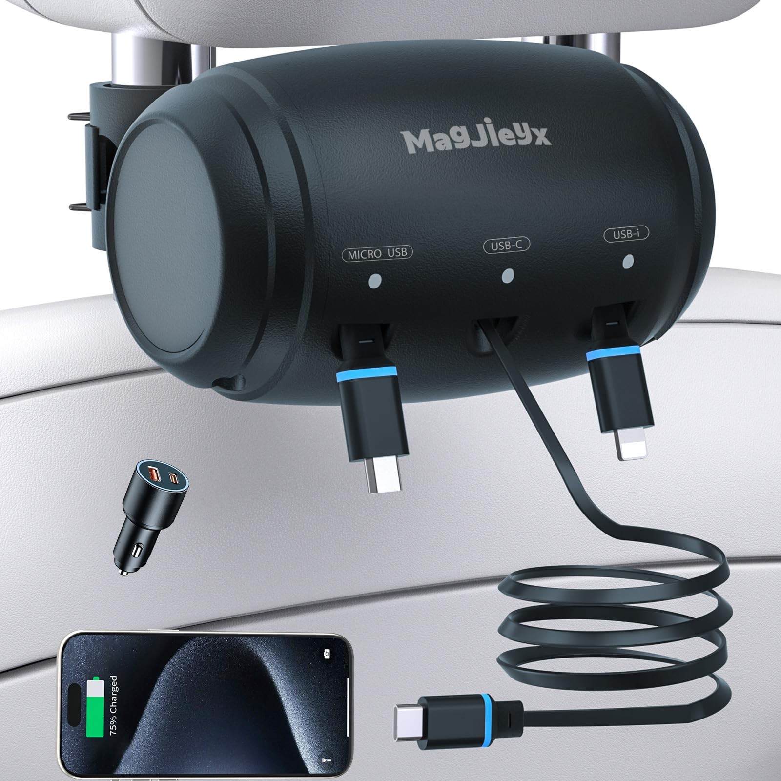 MAGJIEYX Multi Retractable Car Charger Station, Headrest 3 in 1 Gunmetal Gray