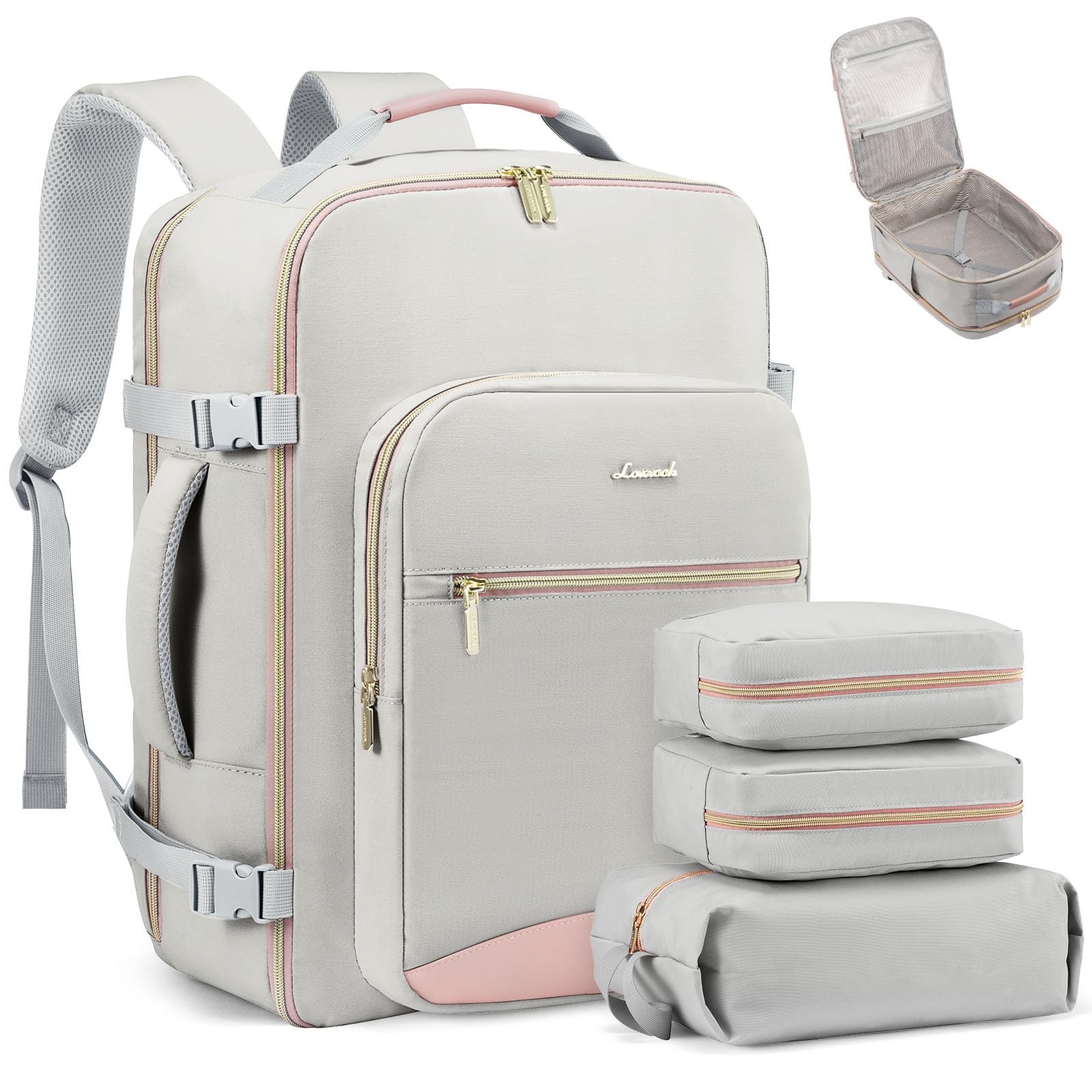 LOVEVOOK 40L Travel Backpack Flight Large-40L-4Pcs, A-light Gray-pink