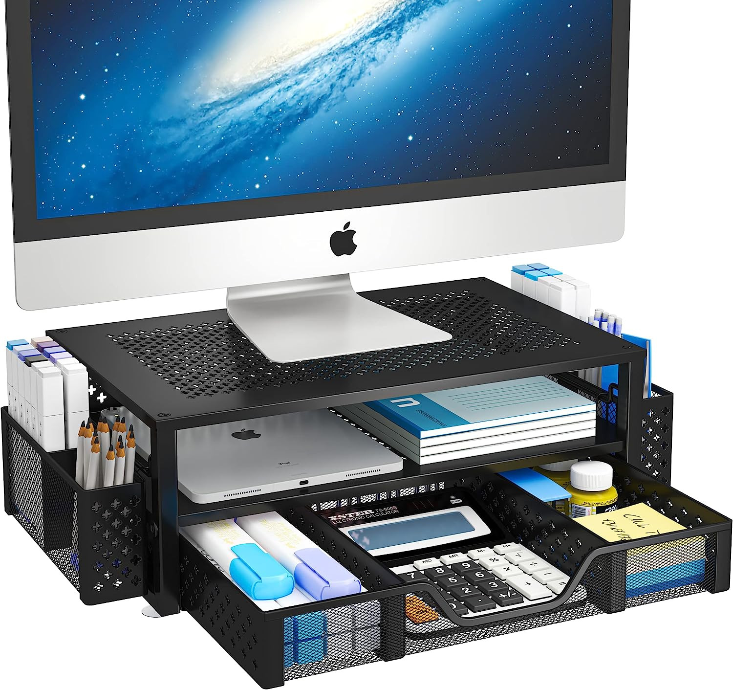 2 Tier Metal Monitor Stand Riser & Computer Desk Organizer w/Drawer & Pen Holder