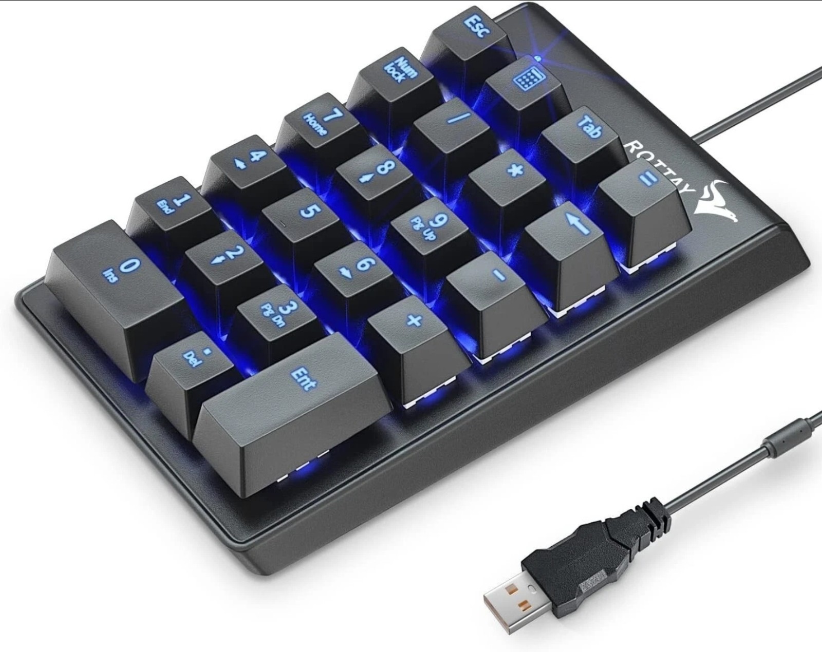 Rottay Number Pad - Mechanical USB Black Wired Numeric Keypad with Blue LED -New