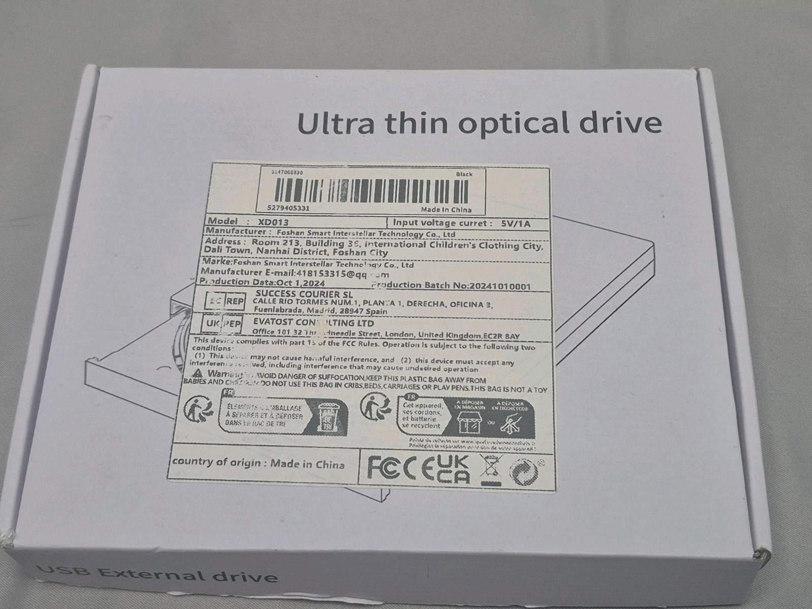 Ultra Thin External Optical DVD Rom Drive XD013 Black USB Plug and Play