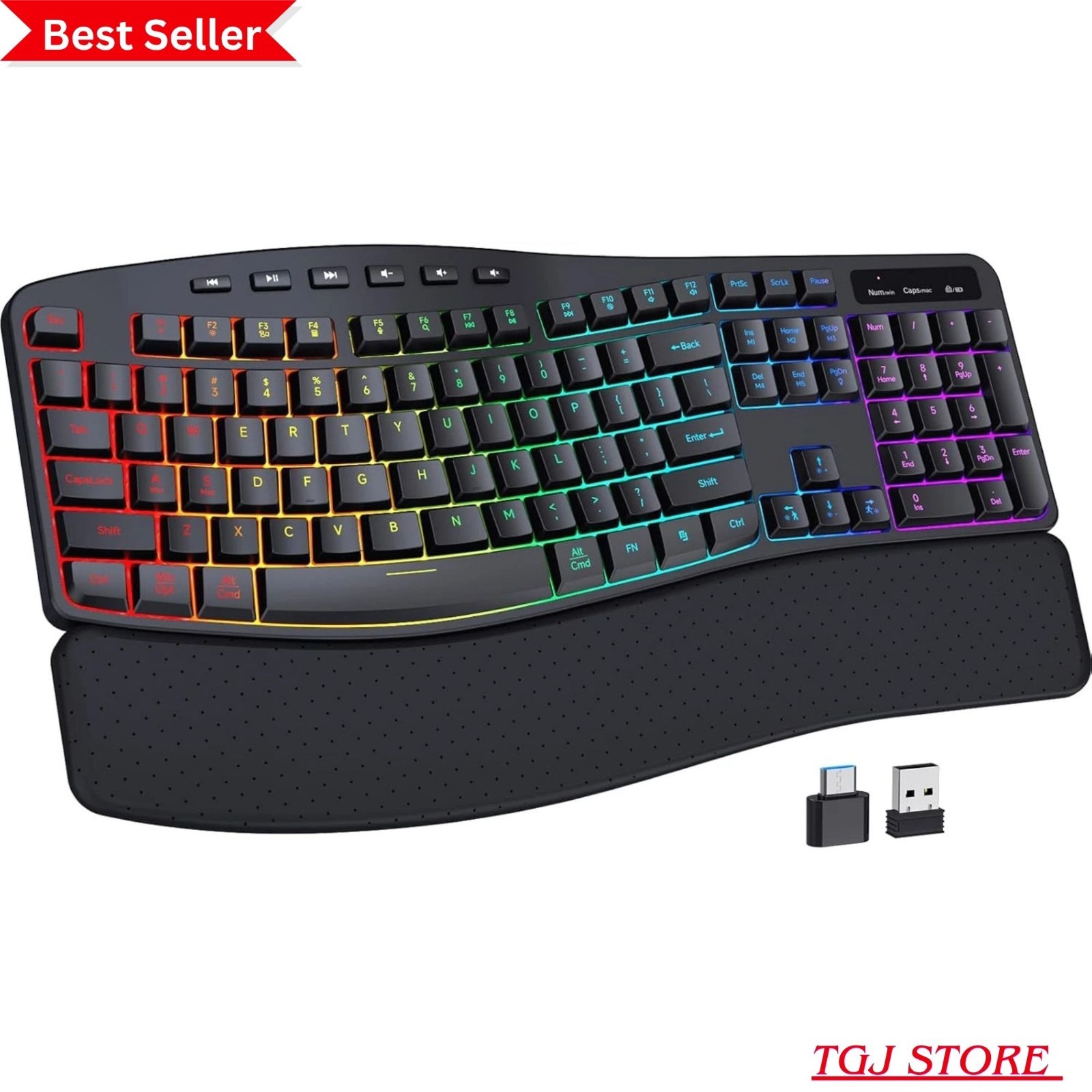 Wireless Ergonomic Keyboard, Backlit Keyboard Silent with 15 RGB Lighting Effect