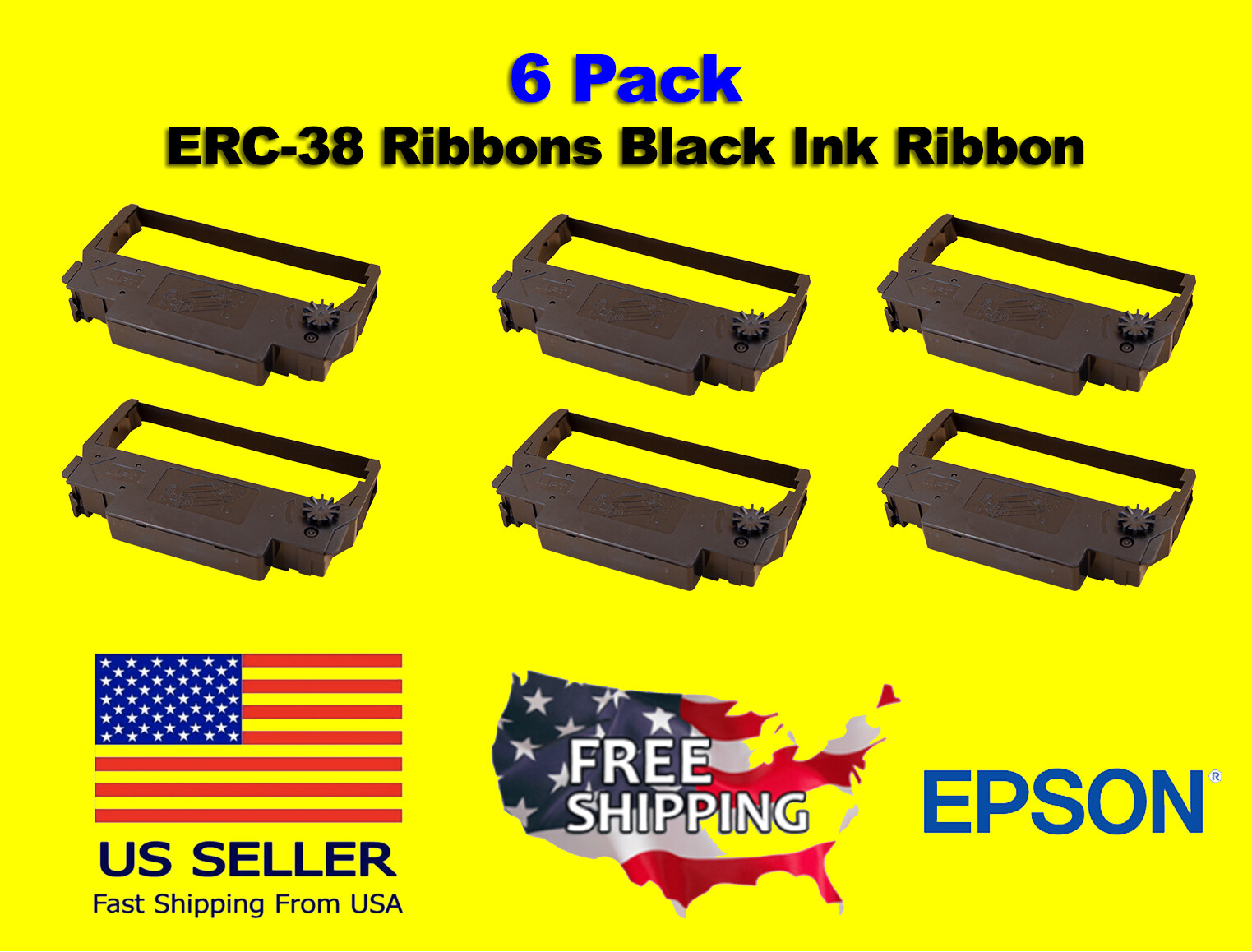 6 Pack - EPSON ERC-30 / ERC-34 / ERC-38 Ribbons BLACK Ink Ribbon ERC30/34/38